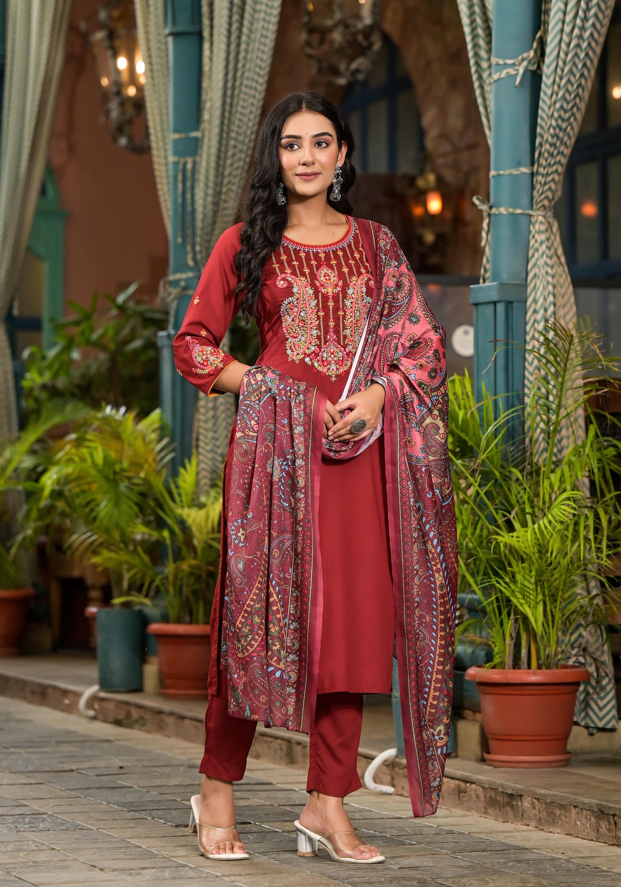 Brown Thread Embroidered Liva Rayon Kurta Pant And Dupatta Set With Sequins