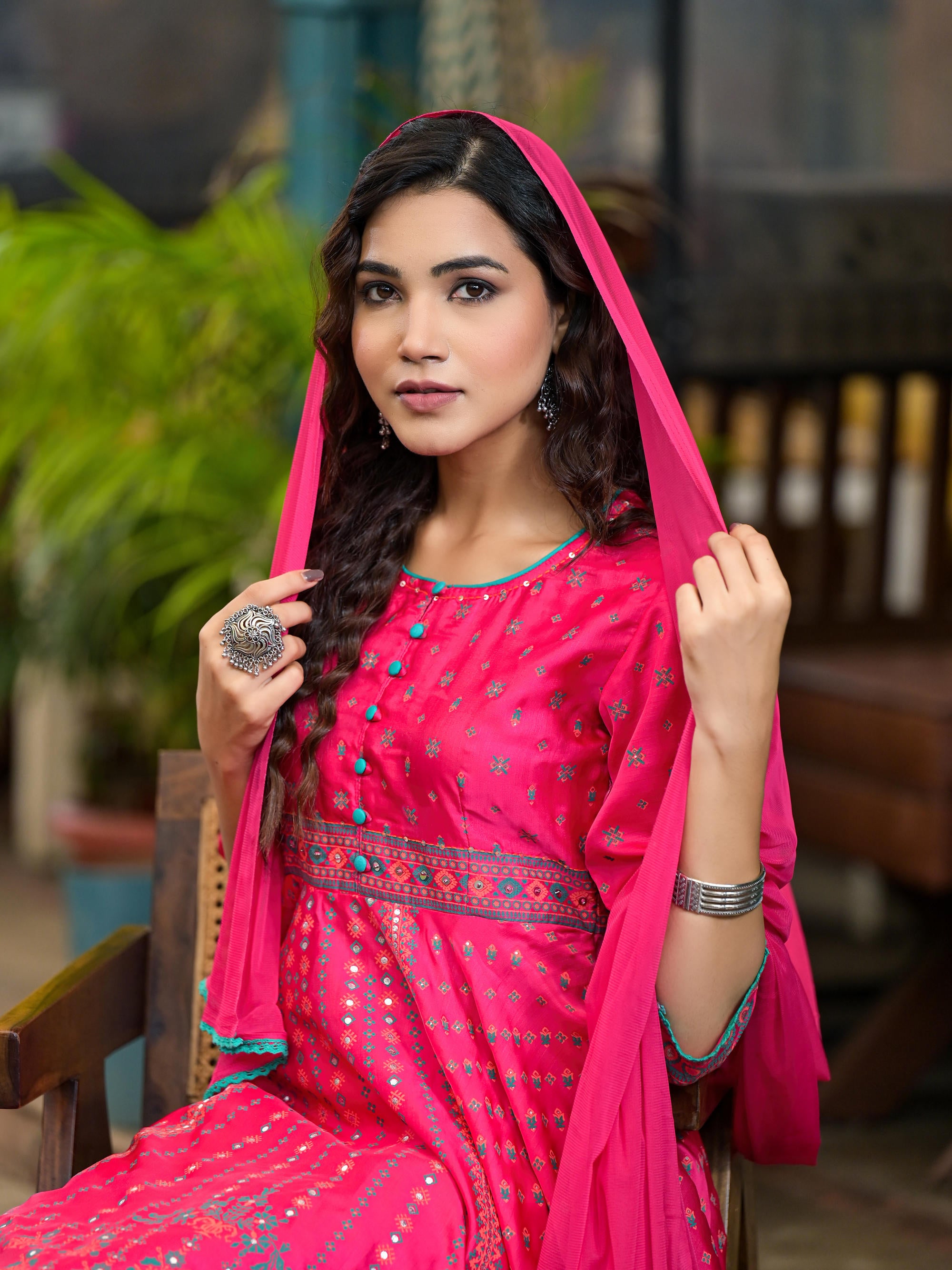 Fuchsia Ethnic Motif Printed Satin Flared Kurta Set With Mirror Work & Lace