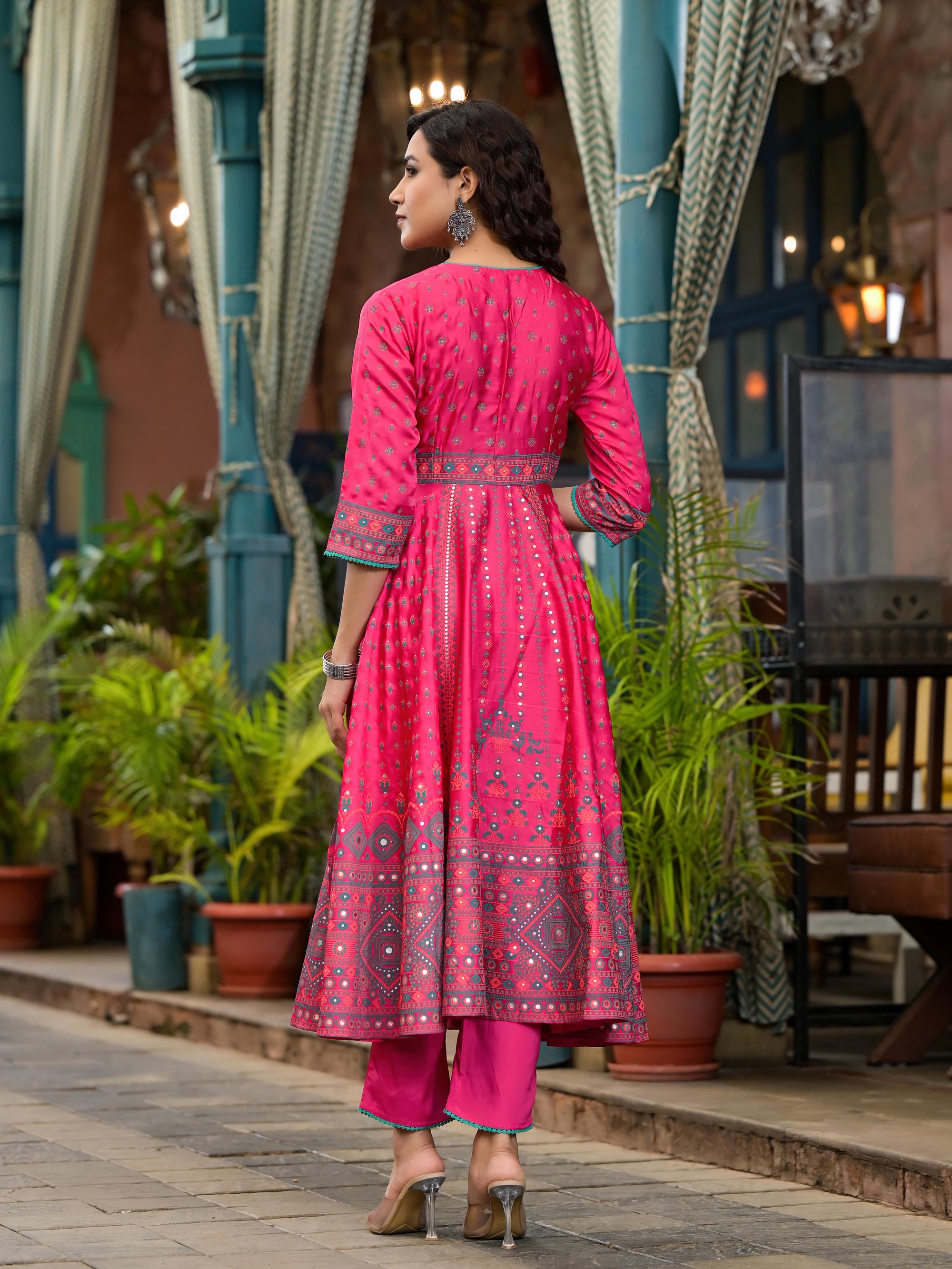 Fuchsia Ethnic Motif Printed Satin Flared Kurta Set With Mirror Work & Lace