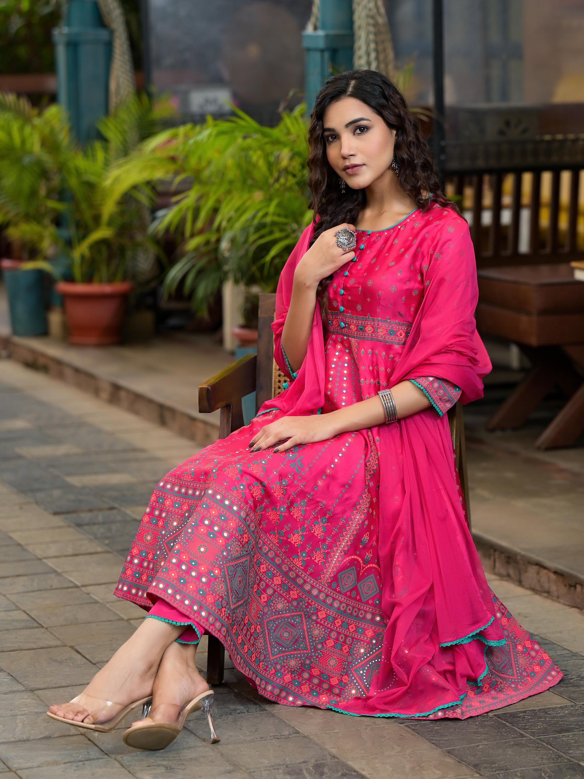 Fuchsia Ethnic Motif Printed Satin Flared Kurta Set With Mirror Work & Lace