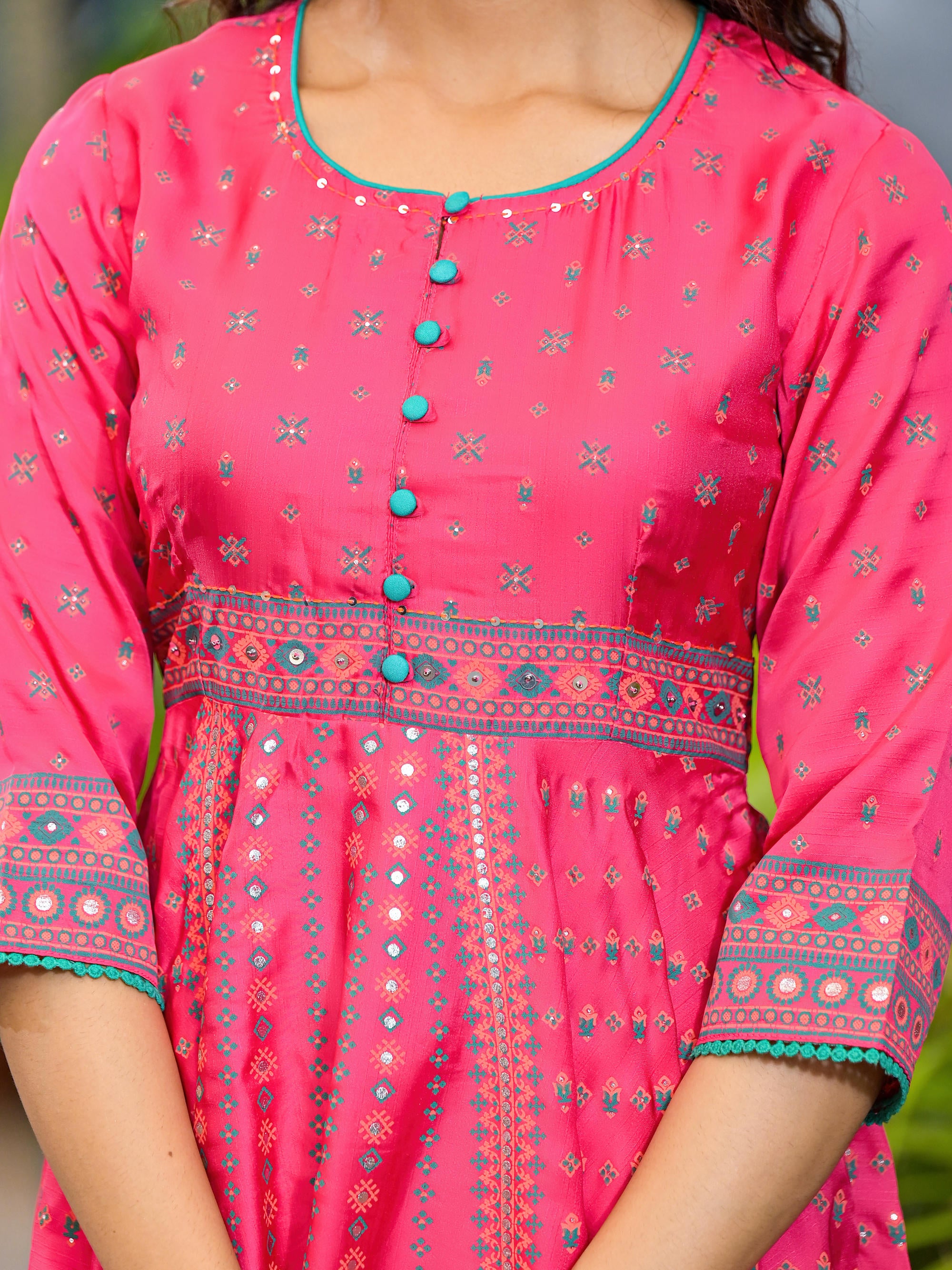 Fuchsia Ethnic Motif Printed Satin Flared Kurta Set With Mirror Work & Lace