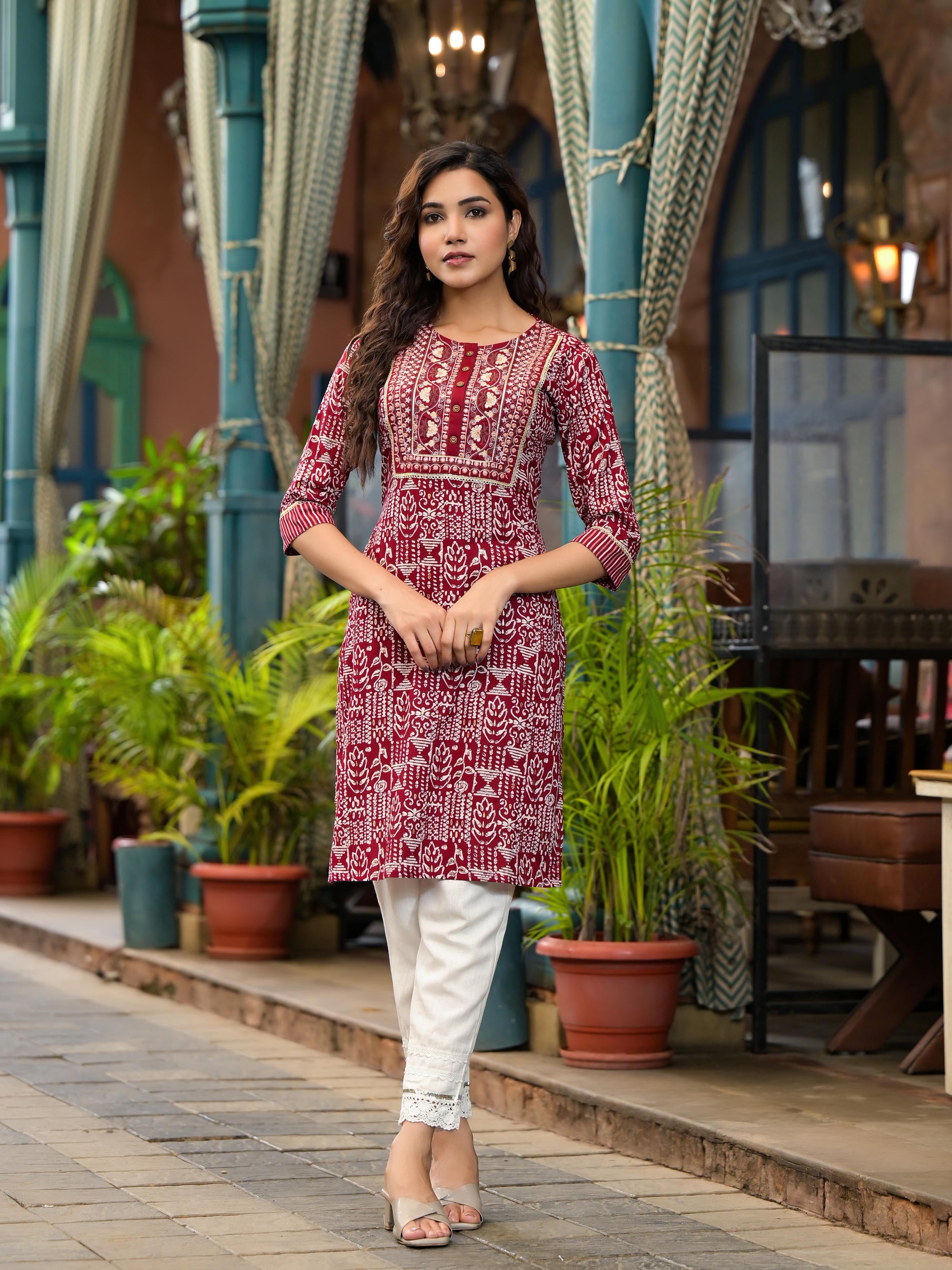 Red Ethnic Motif Printed Liva Rayon Kurta With Thread And Mirror Work & Lace