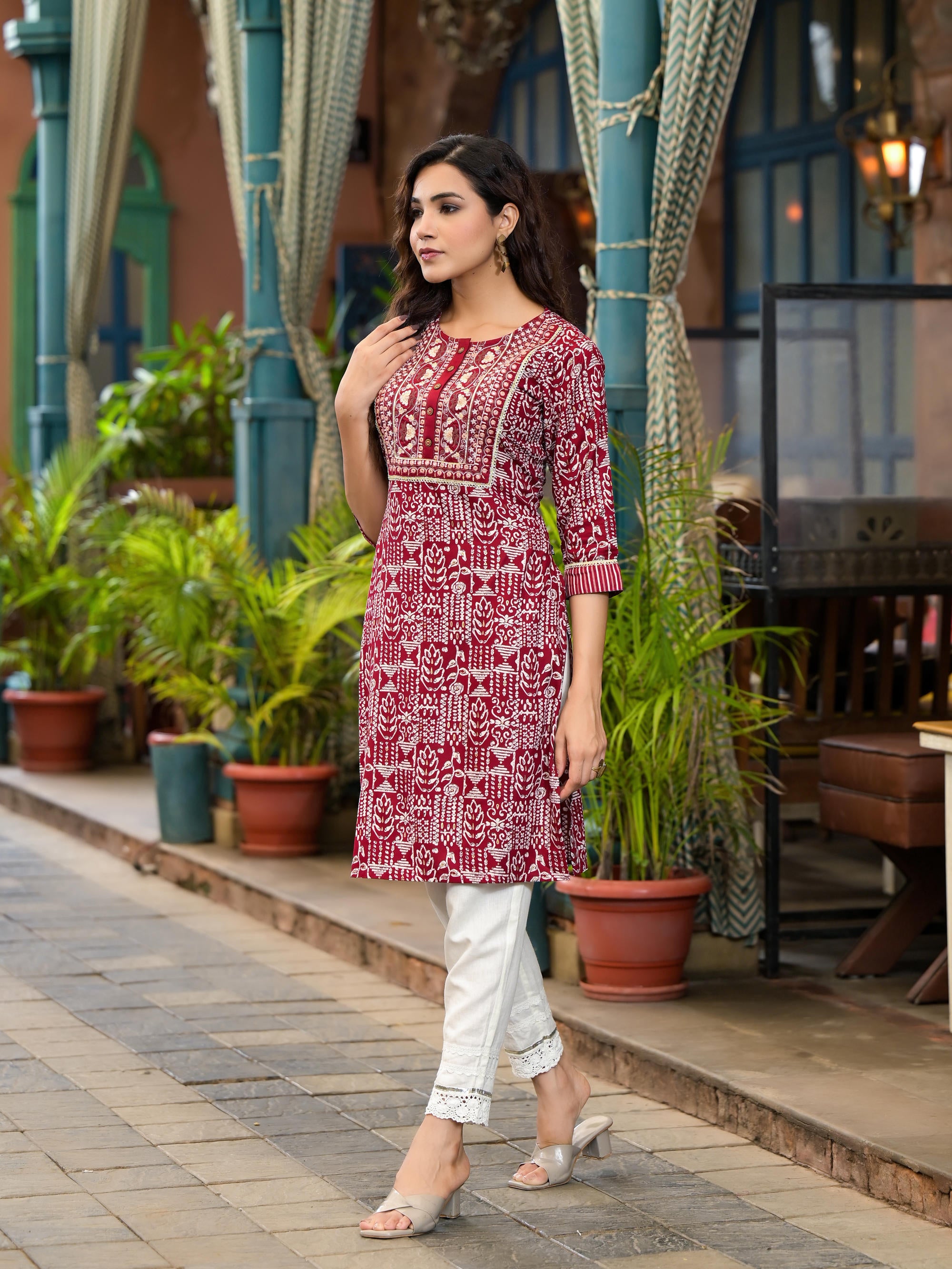 Red Ethnic Motif Printed Liva Rayon Kurta With Thread And Mirror Work & Lace