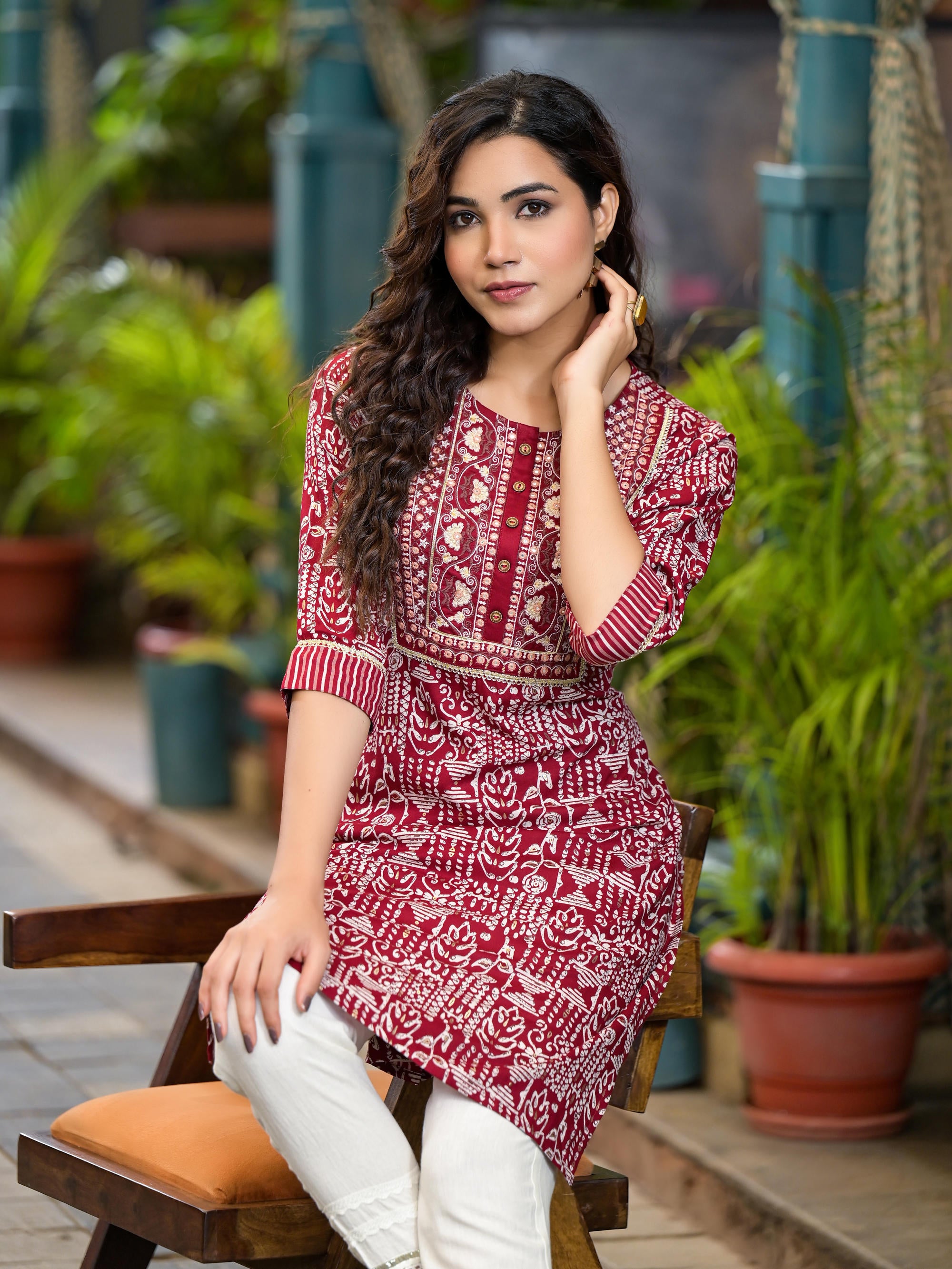 Red Ethnic Motif Printed Liva Rayon Kurta With Thread And Mirror Work & Lace