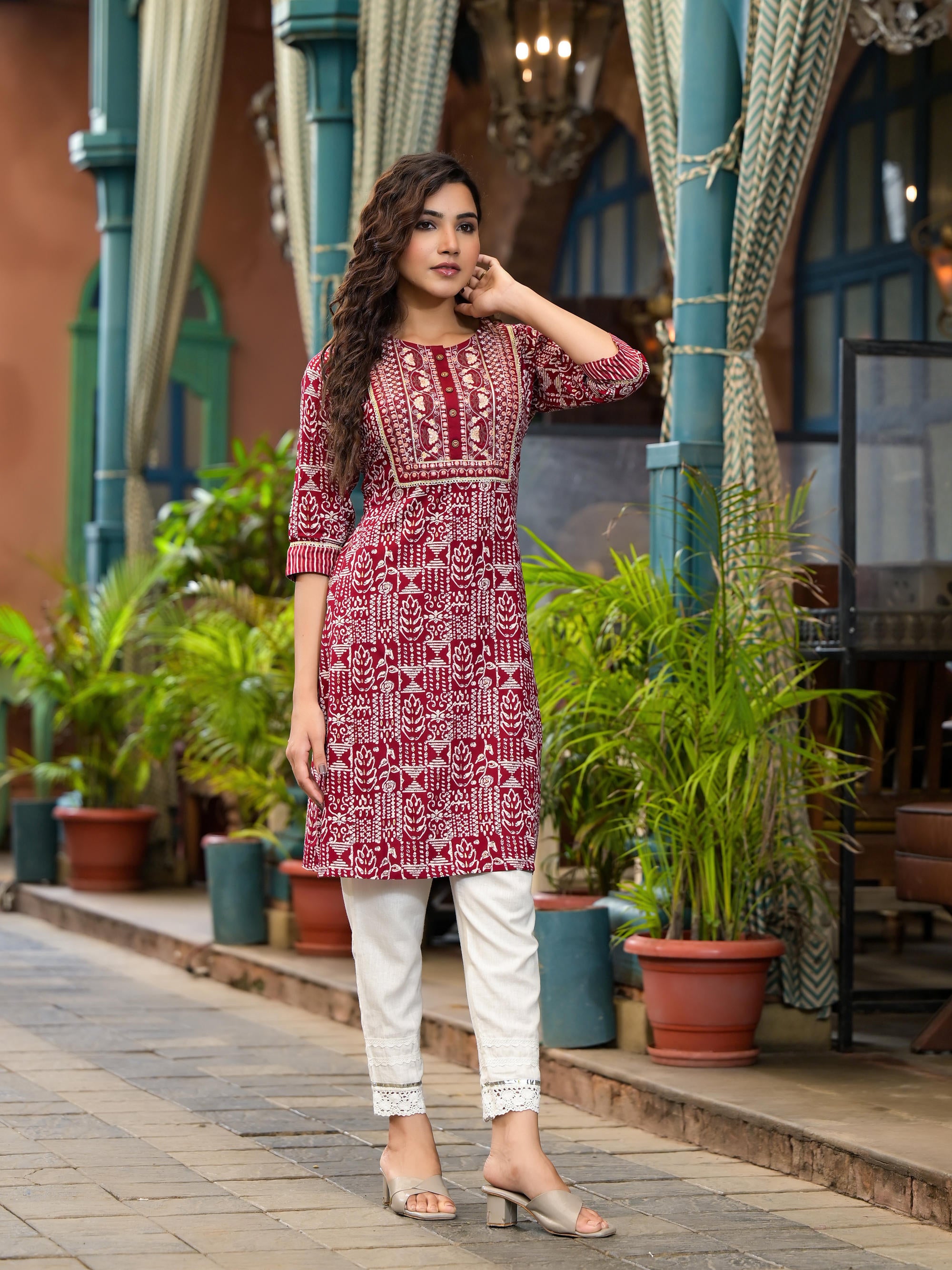 Red Ethnic Motif Printed Liva Rayon Kurta With Thread And Mirror Work & Lace