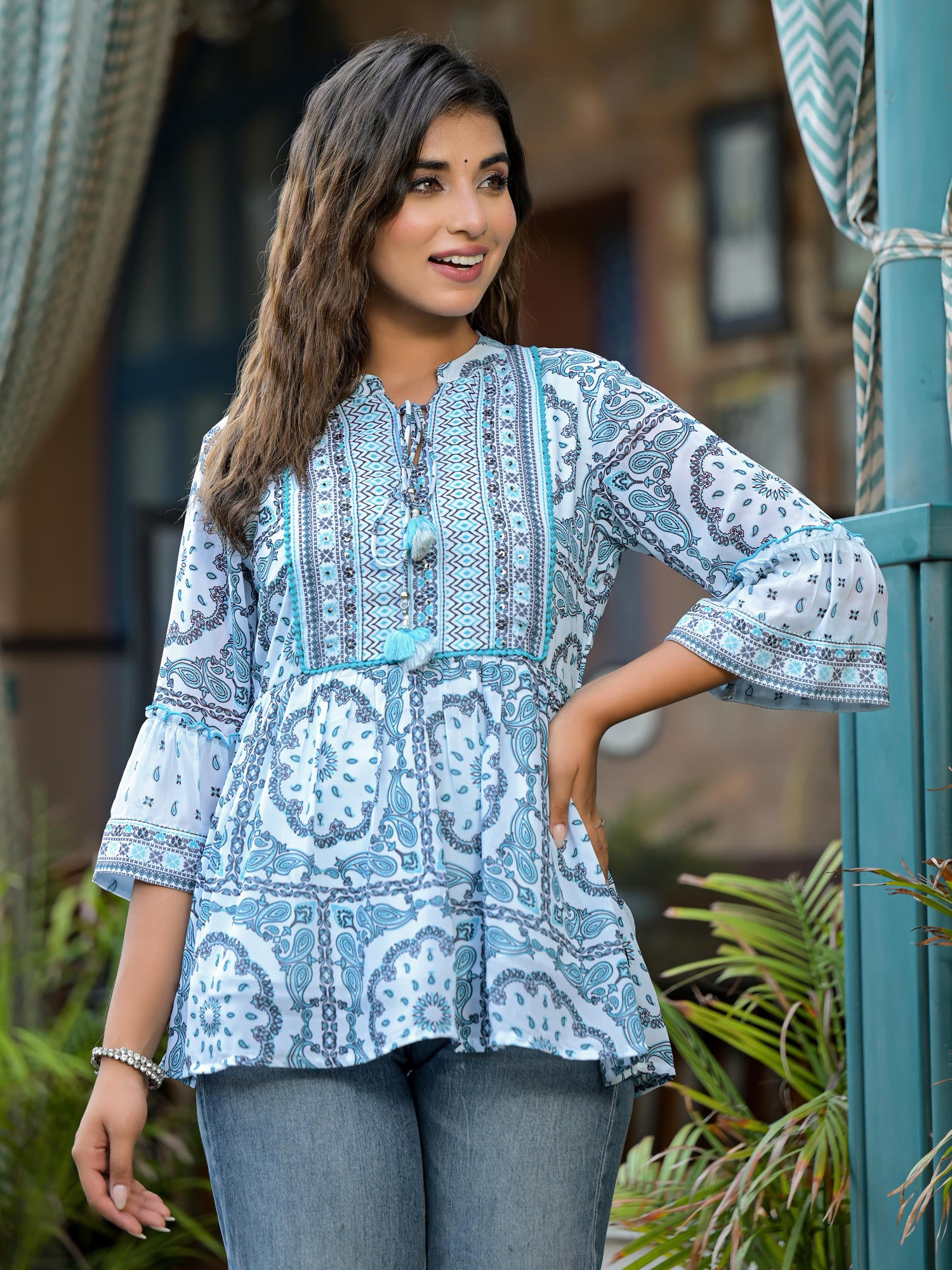 Juniper Sky Blue Ethnic Motif Printed Georgette Lacy Tunic With Tassels & Sequins