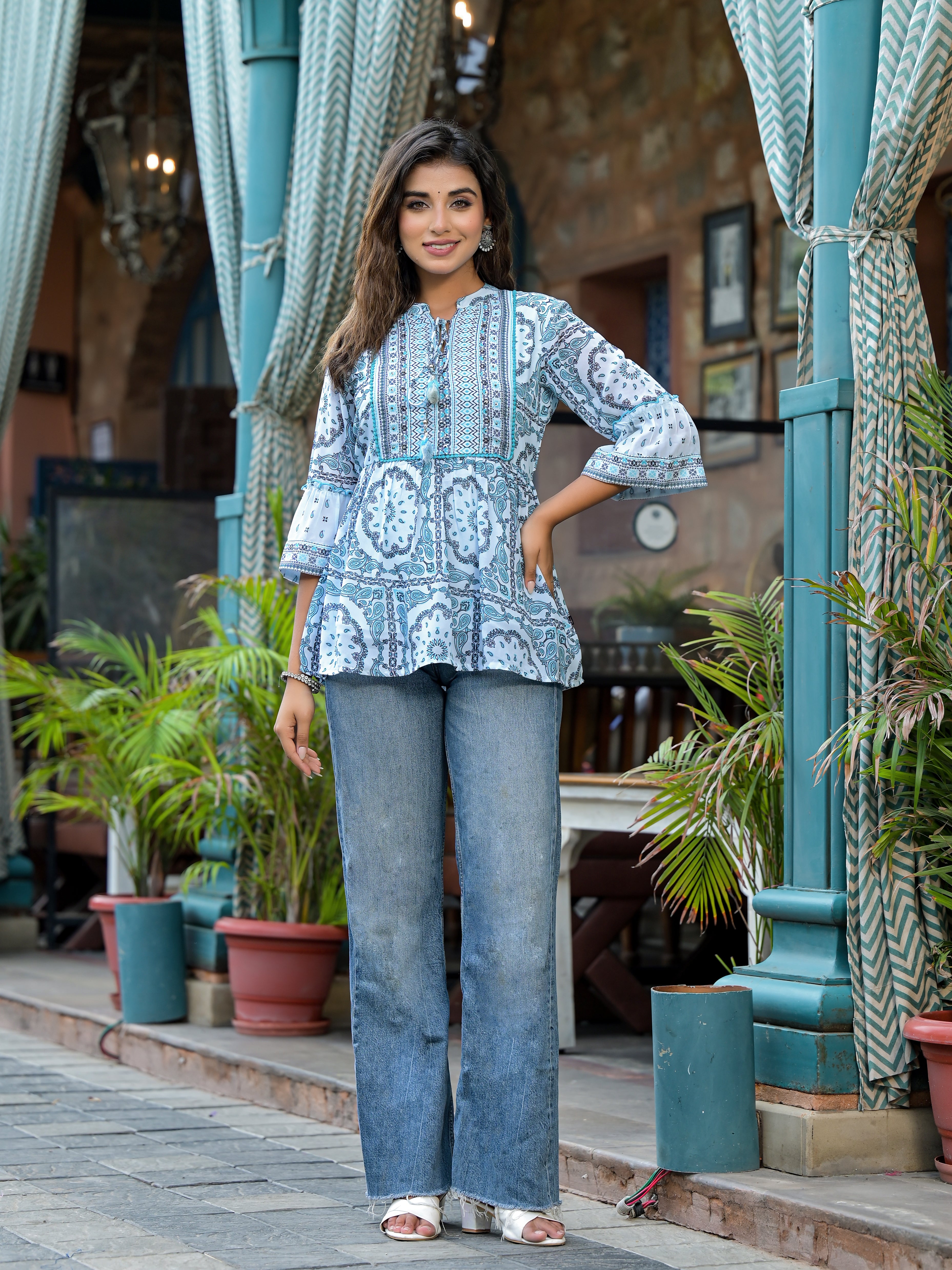 Juniper Sky Blue Ethnic Motif Printed Georgette Lacy Tunic With Tassels & Sequins