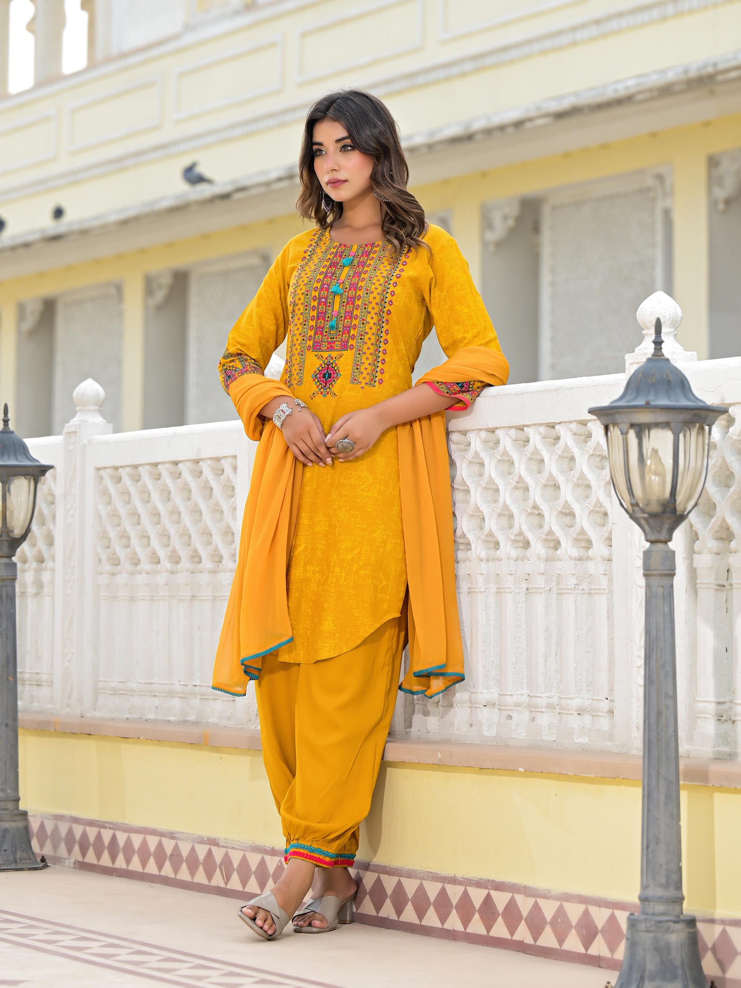 Juniper Mustard Ethnic Motif Printed Kurta, Pant And Dupatta Set With Tassels & Buttons.