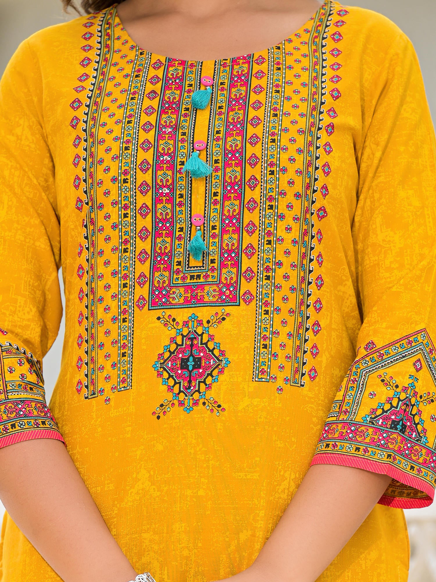 Juniper Mustard Ethnic Motif Printed Kurta, Pant And Dupatta Set With Tassels & Buttons.