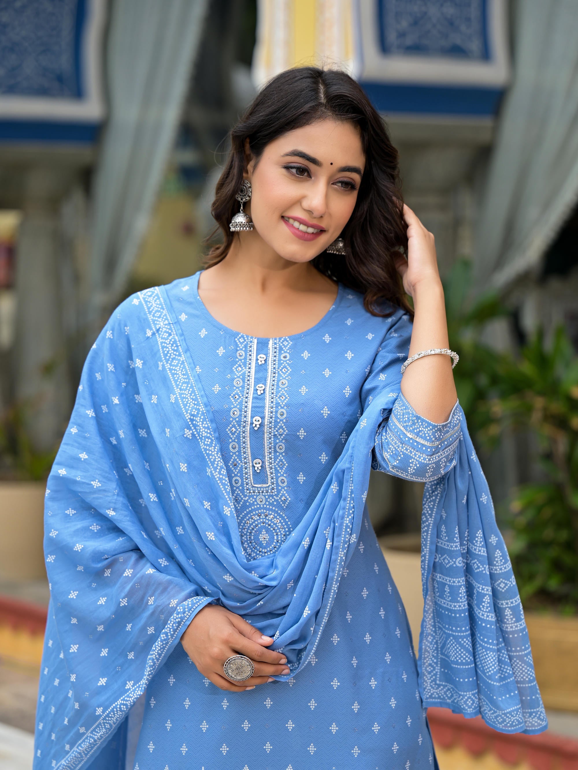 Blue Ethnic Motif Printed Liva Rayon Kurta Pant And Dupatta Set With Beads Sequins & Lace