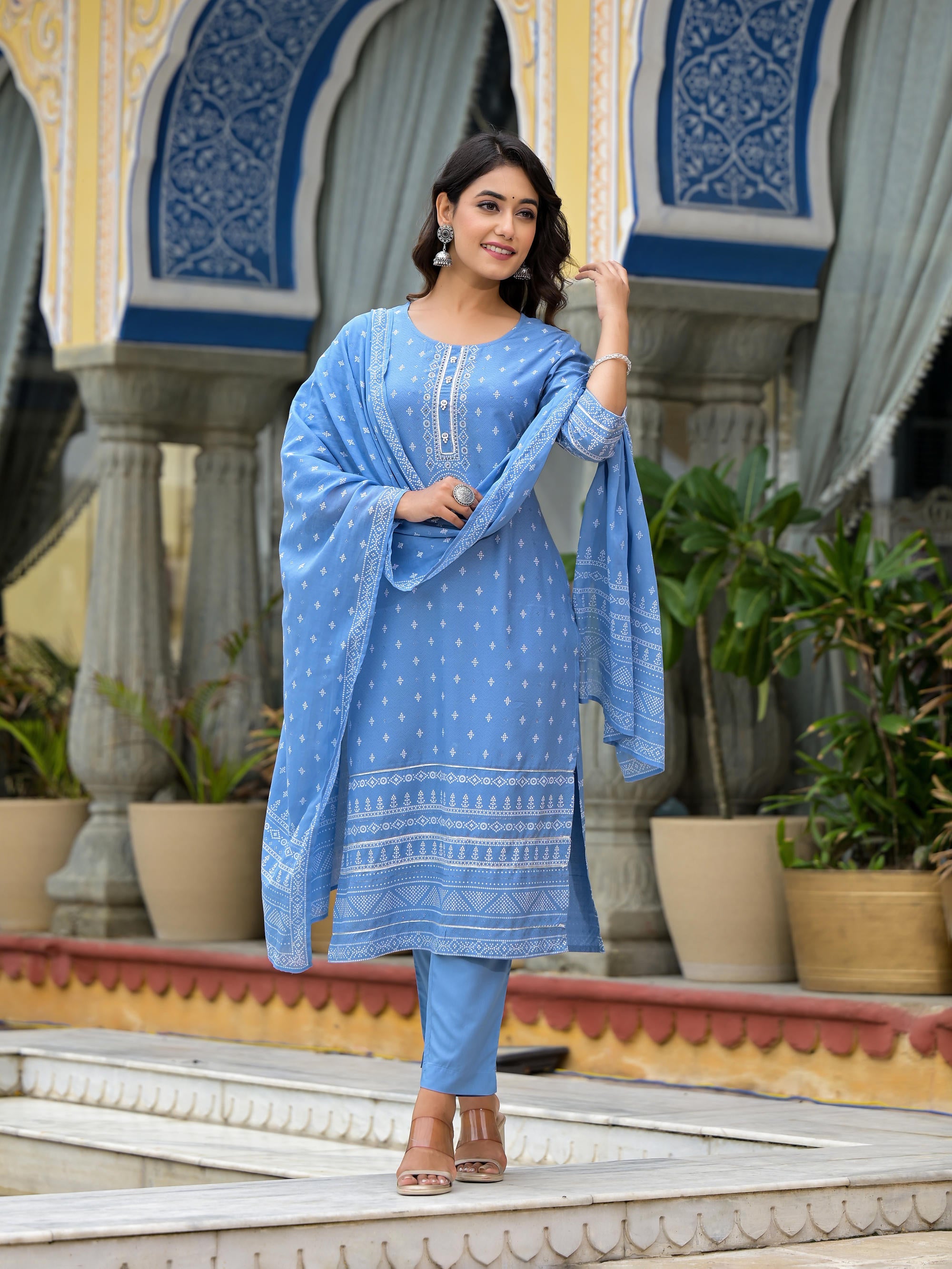 Blue Ethnic Motif Printed Liva Rayon Kurta Pant And Dupatta Set With Beads Sequins & Lace