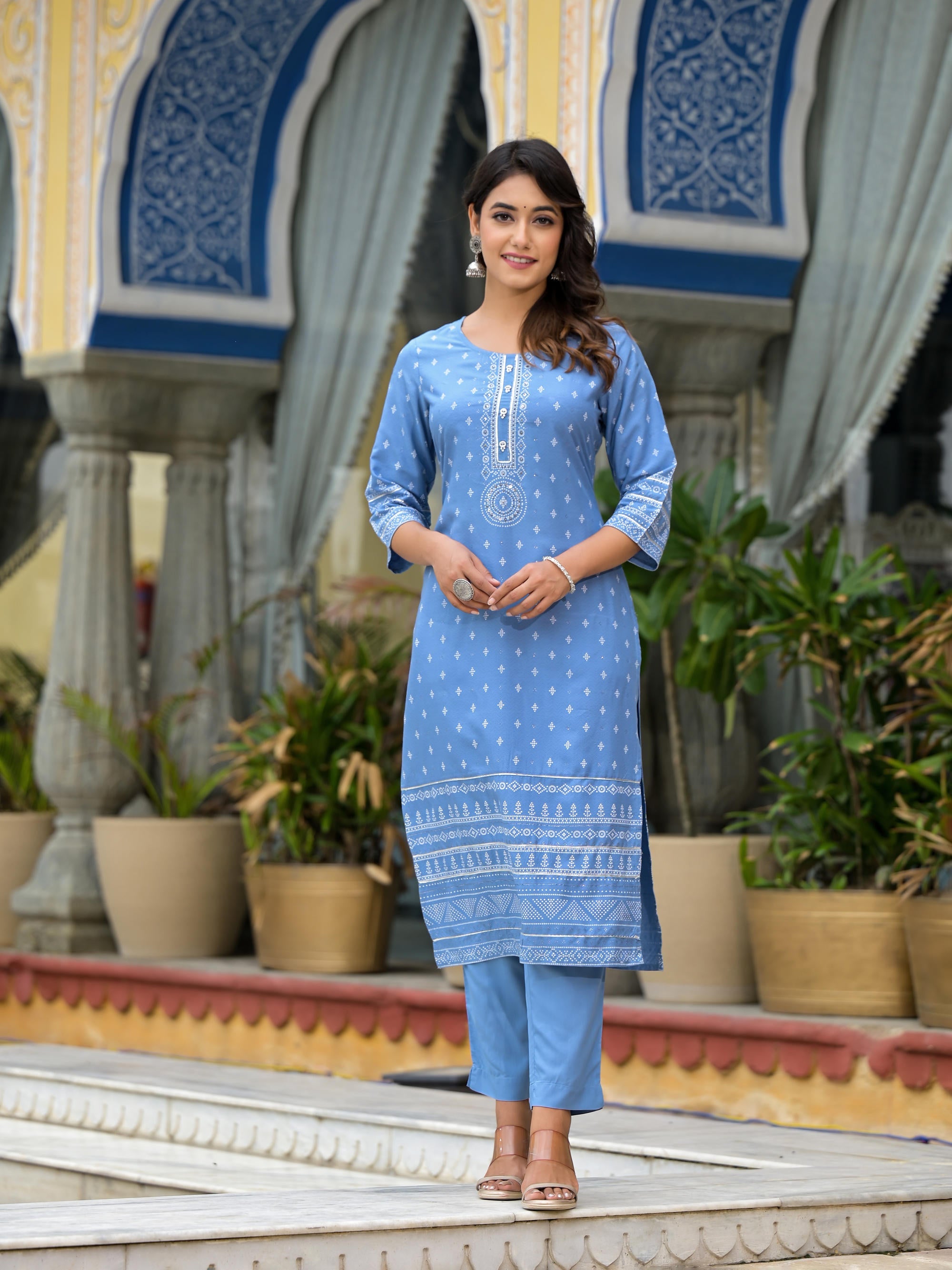 Blue Ethnic Motif Printed Liva Rayon Kurta Pant And Dupatta Set With Beads Sequins & Lace