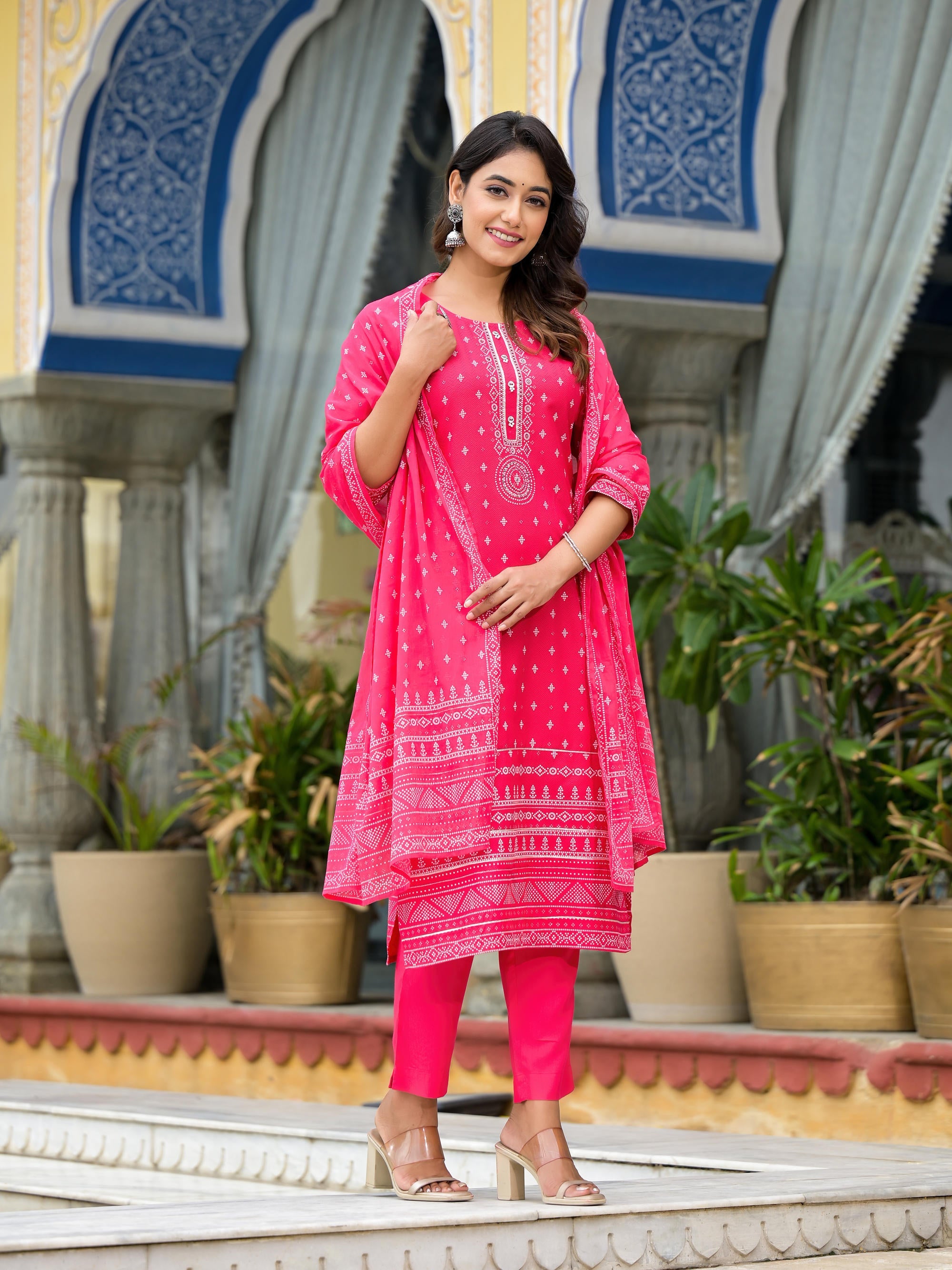 Pink Ethnic Motif Printed Liva Rayon Kurta Pant And Dupatta Set With Beads Sequins & Lace