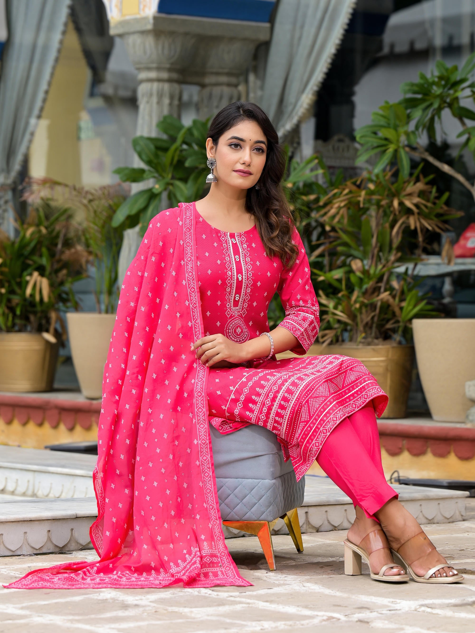 Pink Ethnic Motif Printed Liva Rayon Kurta Pant And Dupatta Set With Beads Sequins & Lace