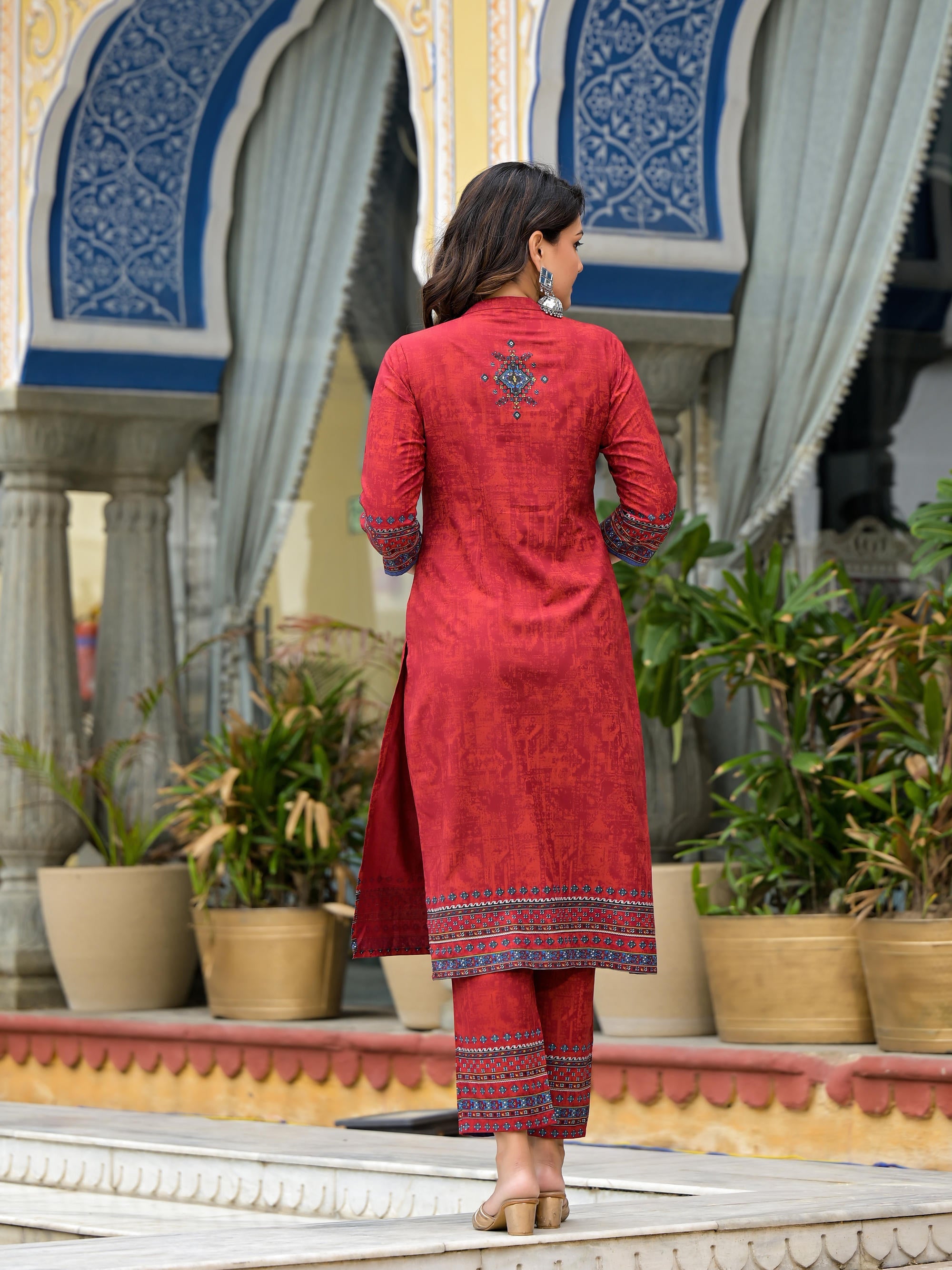 Red Ethnic Motif Printed Liva Rayon Kurta Pant And Dupatta Set with Coins & Sequins