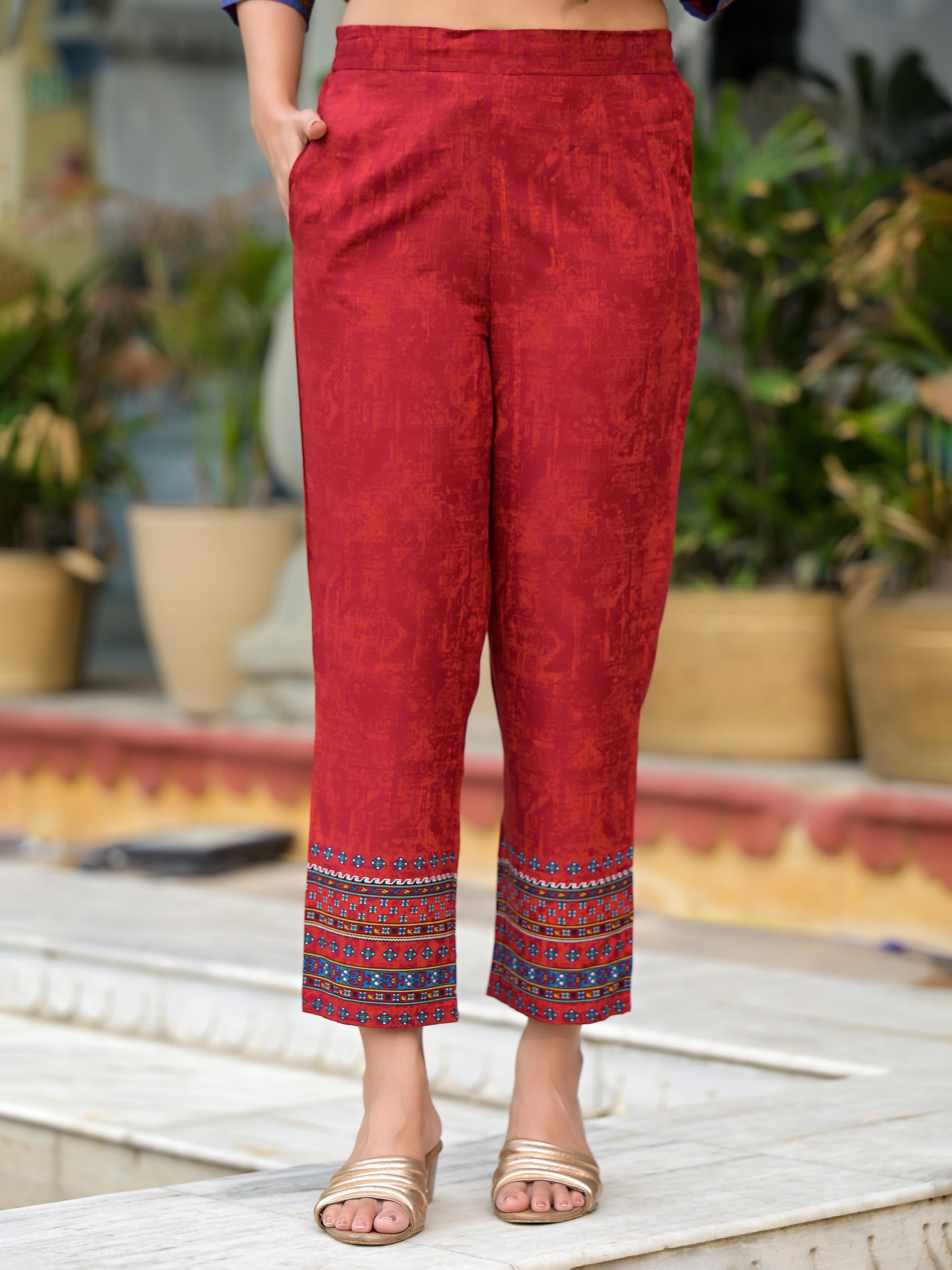 Red Ethnic Motif Printed Liva Rayon Kurta Pant And Dupatta Set with Coins & Sequins