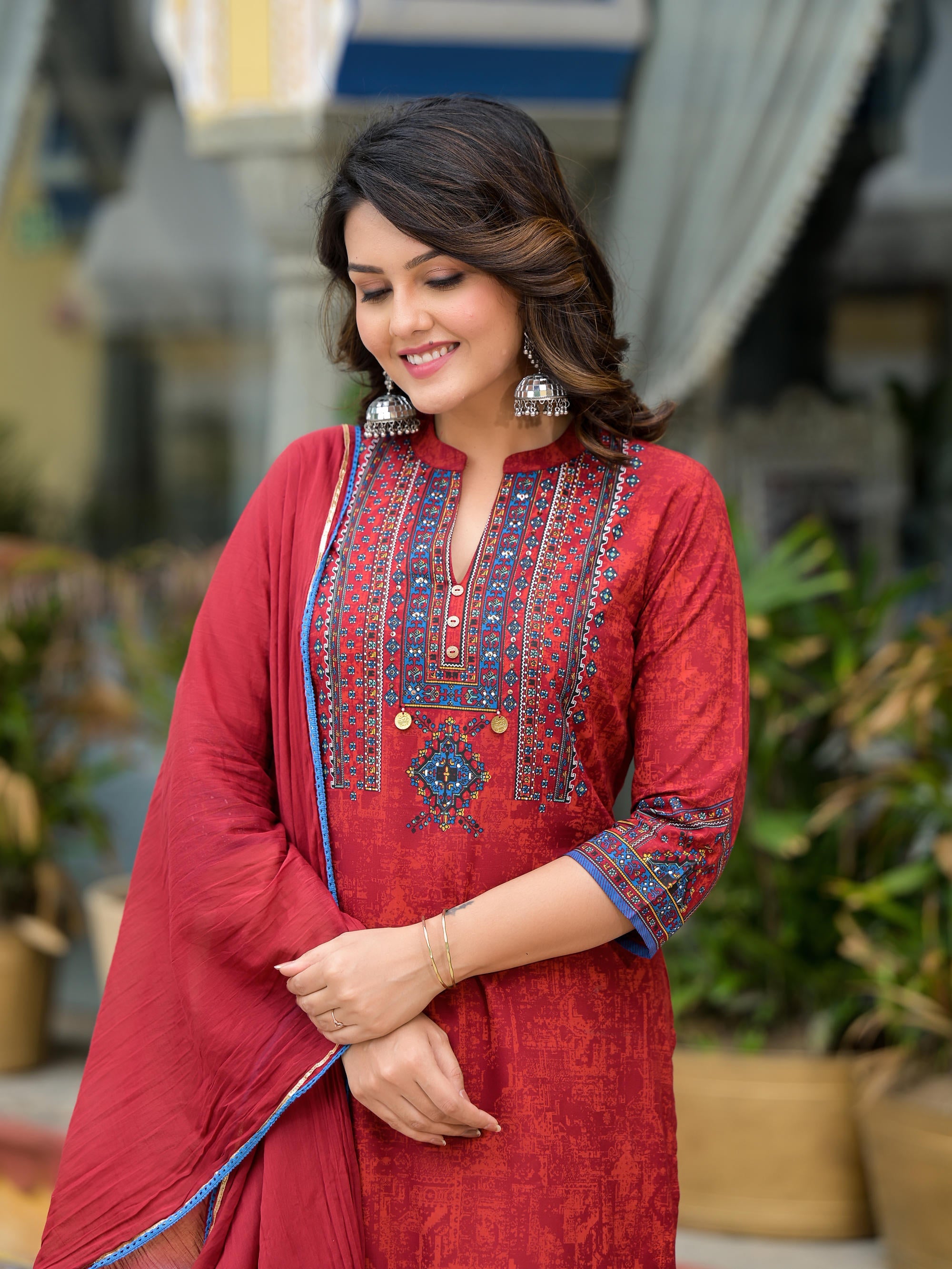 Red Ethnic Motif Printed Liva Rayon Kurta Pant And Dupatta Set with Coins & Sequins