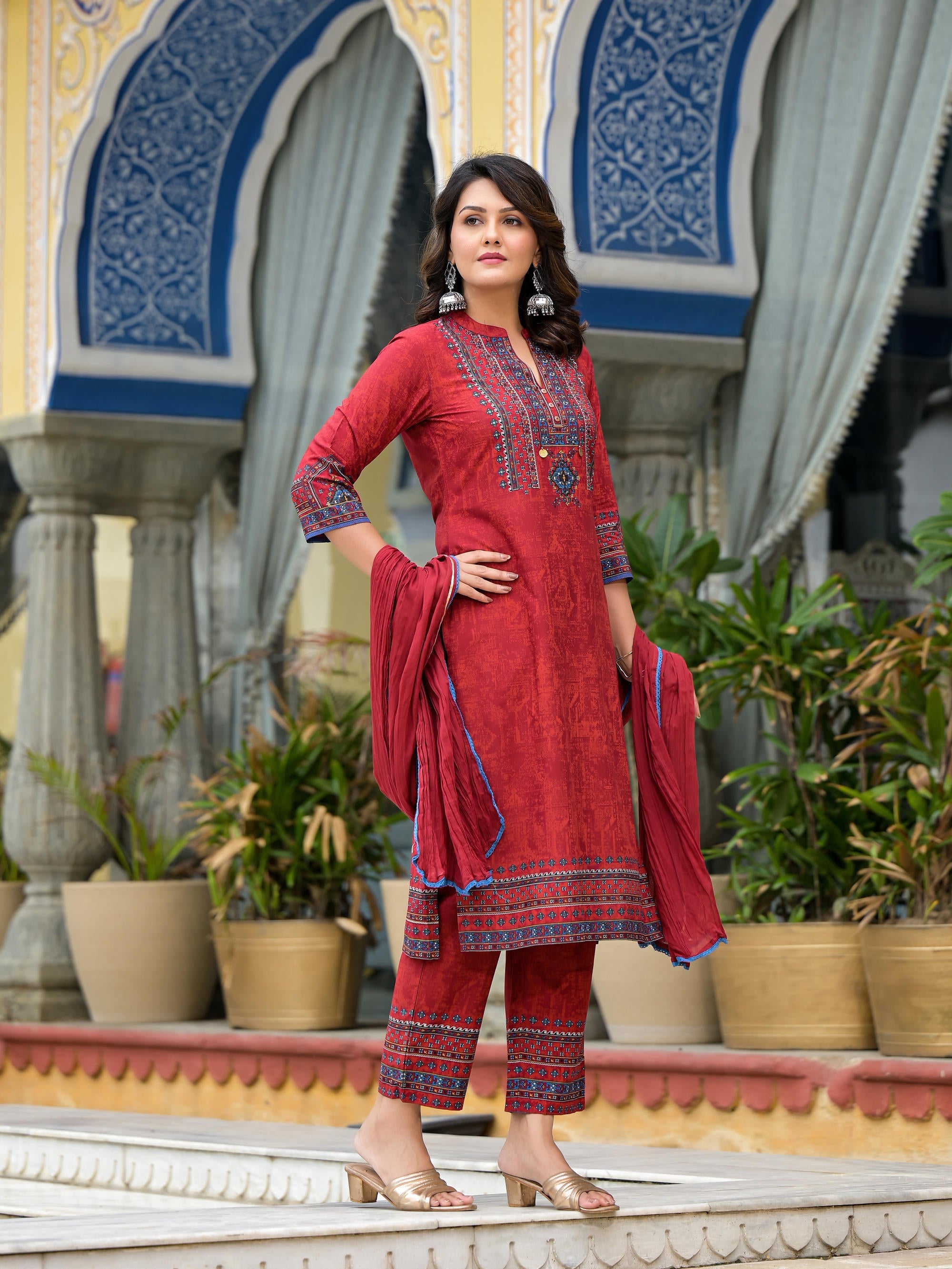 Red Ethnic Motif Printed Liva Rayon Kurta Pant And Dupatta Set with Coins & Sequins