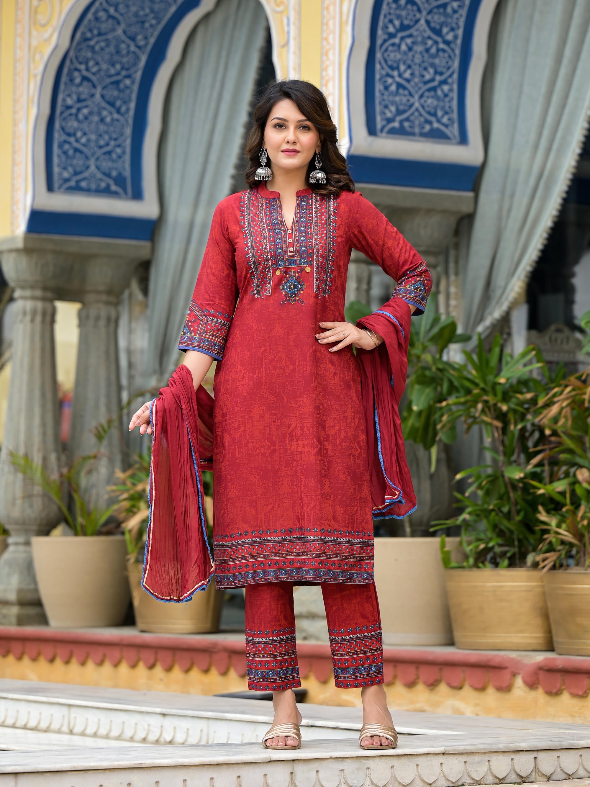 Red Ethnic Motif Printed Liva Rayon Kurta Pant And Dupatta Set with Coins & Sequins