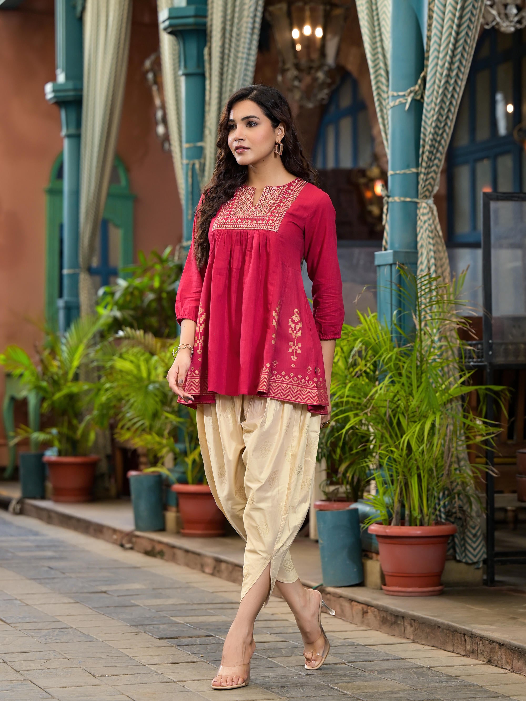 Red Ethnic Motif Printed Cotton Top & Dhoti Pants Set With Zari Work