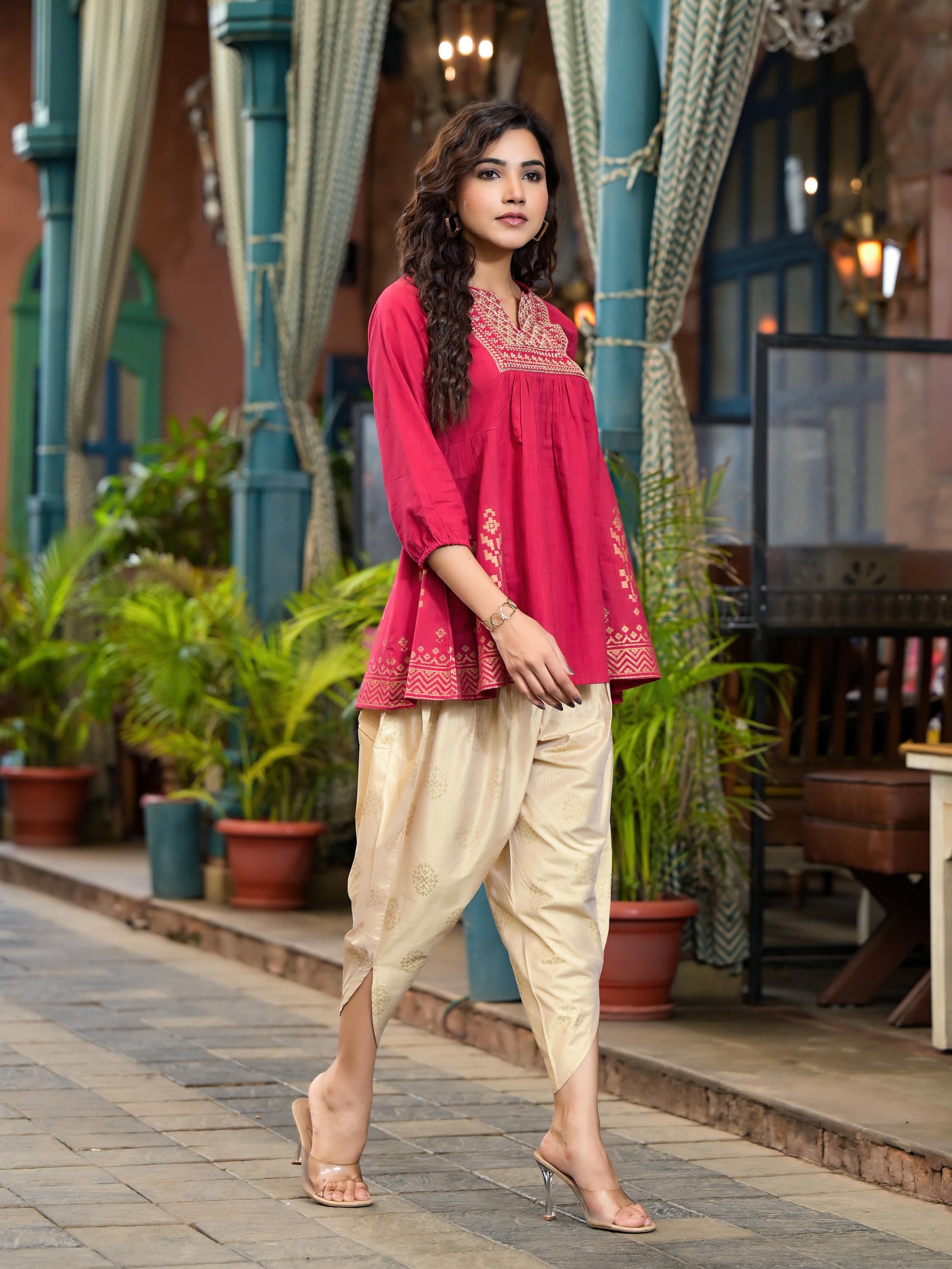 Red Ethnic Motif Printed Cotton Top & Dhoti Pants Set With Zari Work