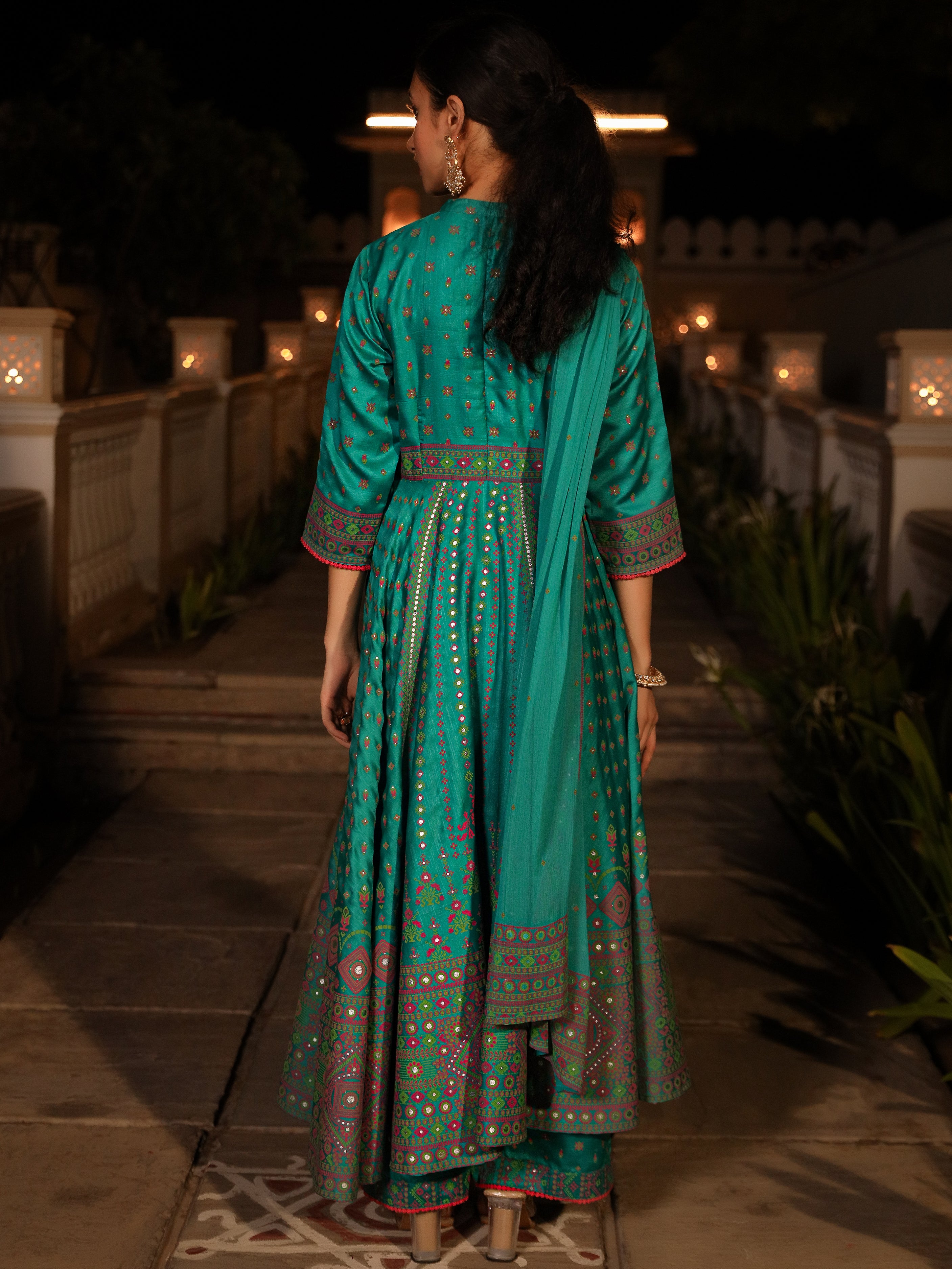 Sea Green Ethnic Motif Printed Slub Satin Kurta Pant And Chiffon Dupatta Set With Buttons & Lace