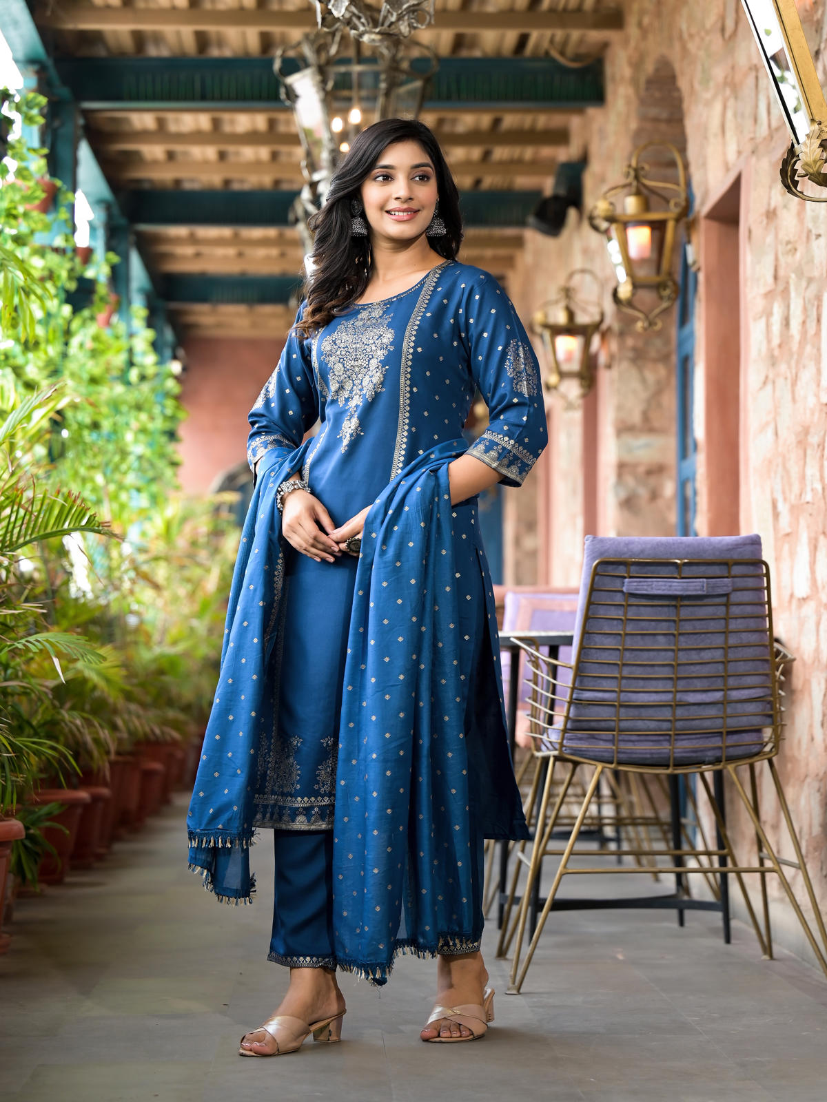 Blue Ethnic Motif Printed Liva Rayon Kurta Pant And Dupatta Set With Sequins & Tassels