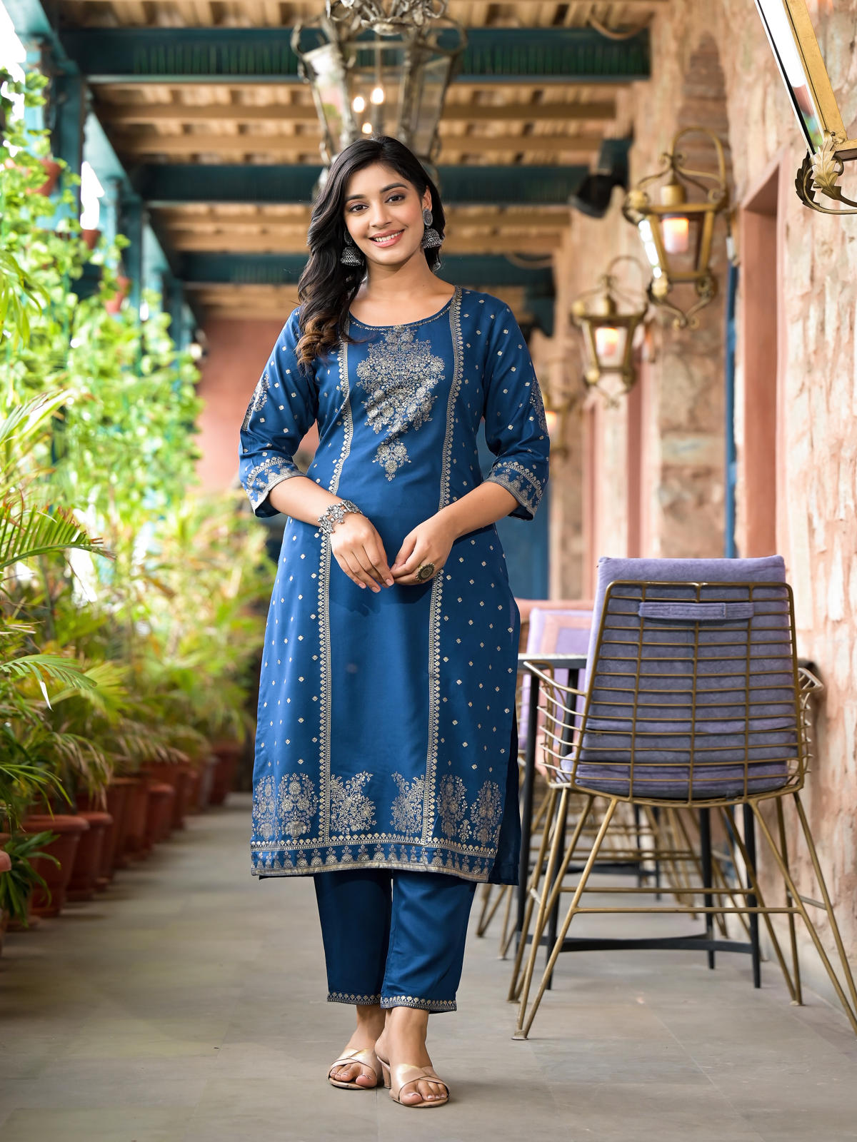 Blue Ethnic Motif Printed Liva Rayon Kurta Pant And Dupatta Set With Sequins & Tassels