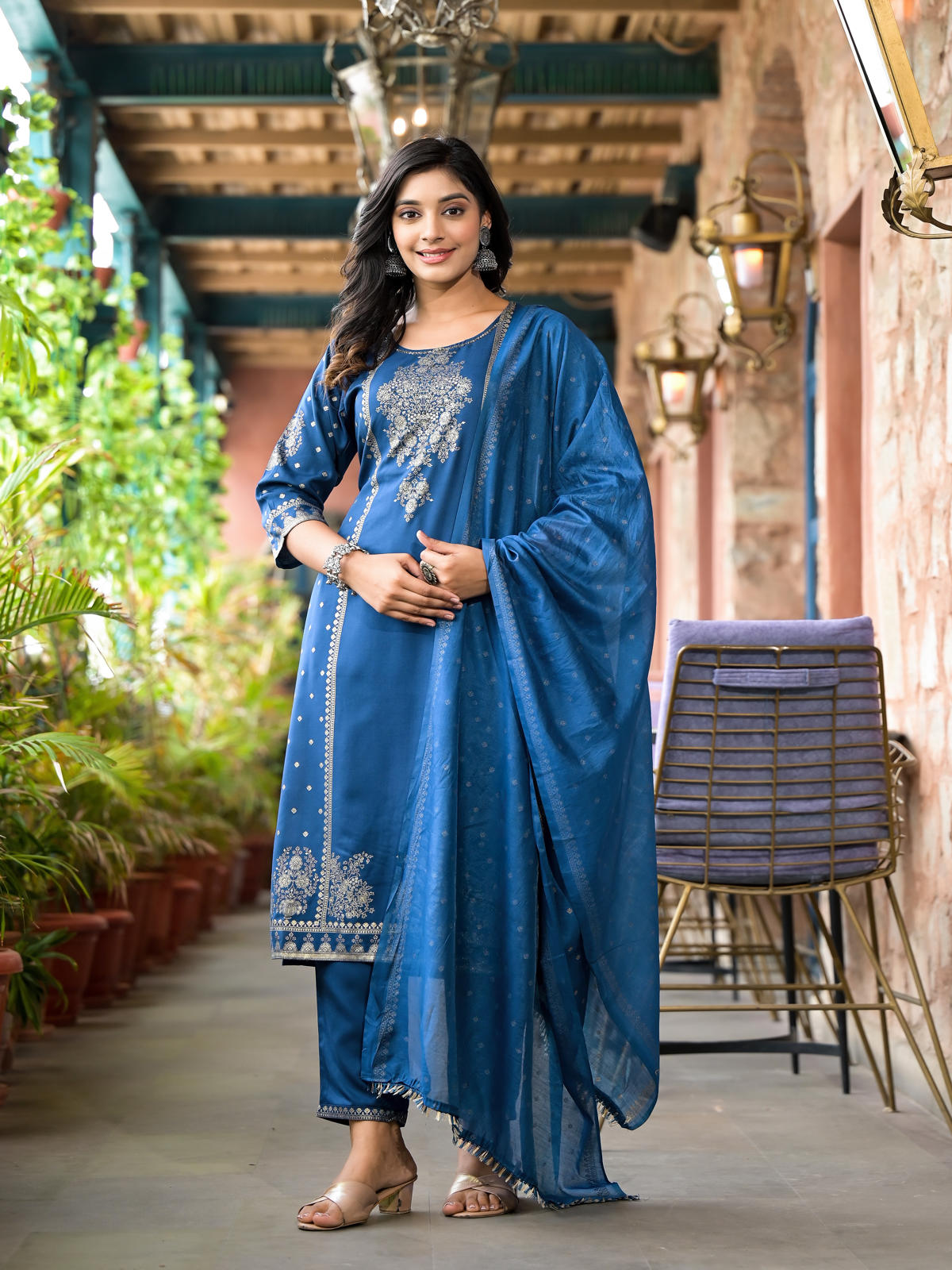 Blue Ethnic Motif Printed Liva Rayon Kurta Pant And Dupatta Set With Sequins & Tassels