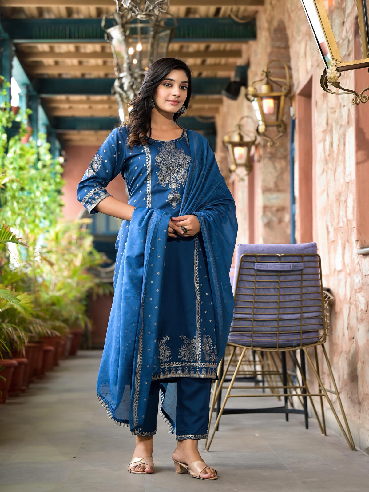 Blue Ethnic Motif Printed Liva Rayon Kurta Pant And Dupatta Set With Sequins & Tassels