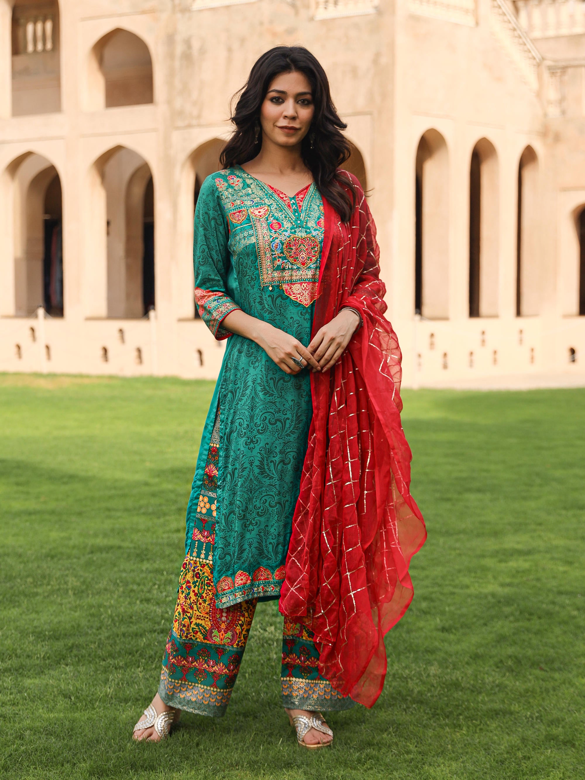 Green Ethnic Motif Printed Viscose Kurta Pant And Dupatta Set With Beads & Sequins