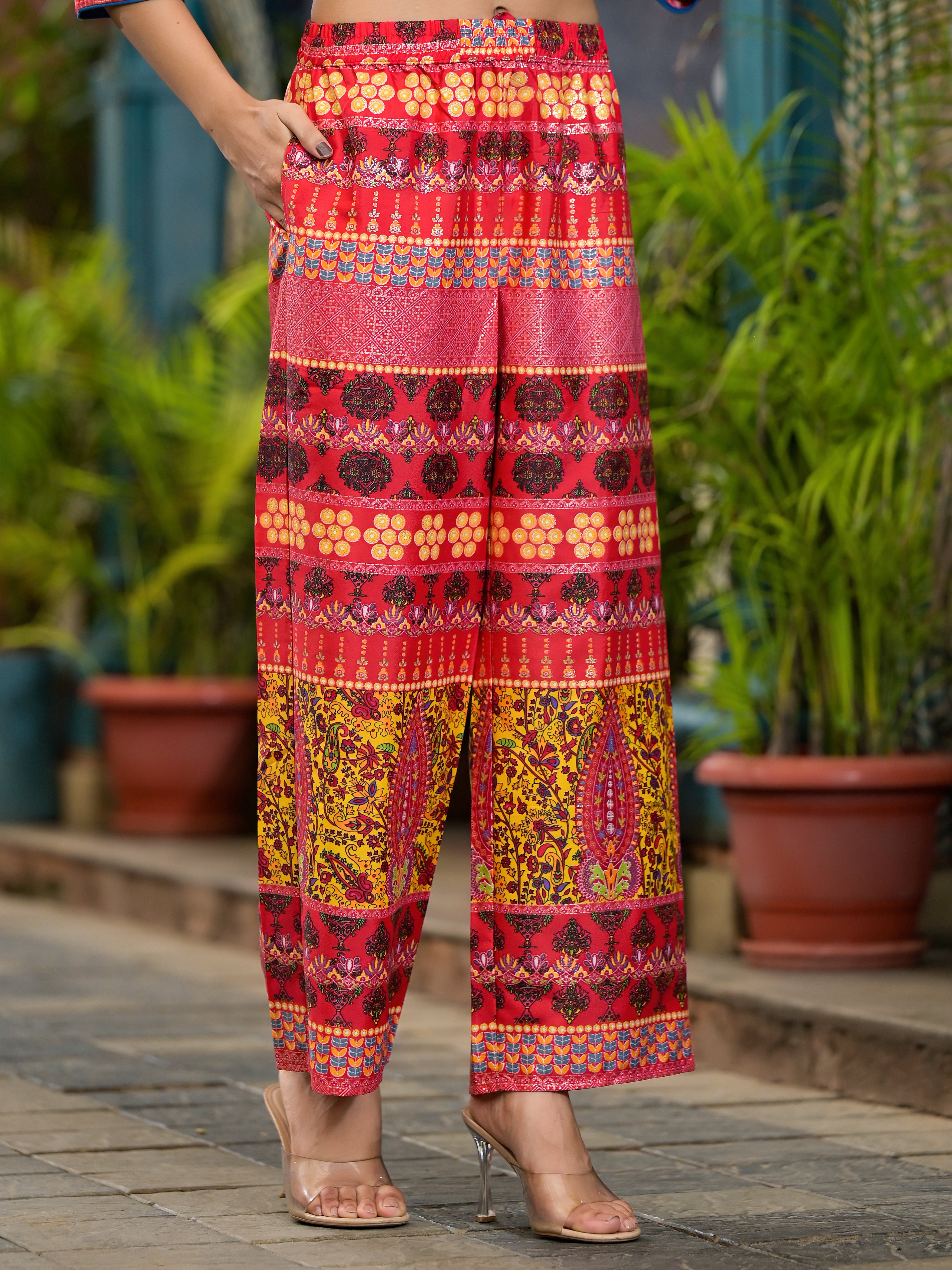 Red Ethnic Motif Printed Muslin Kurta Set With thread Work Coins & Beads