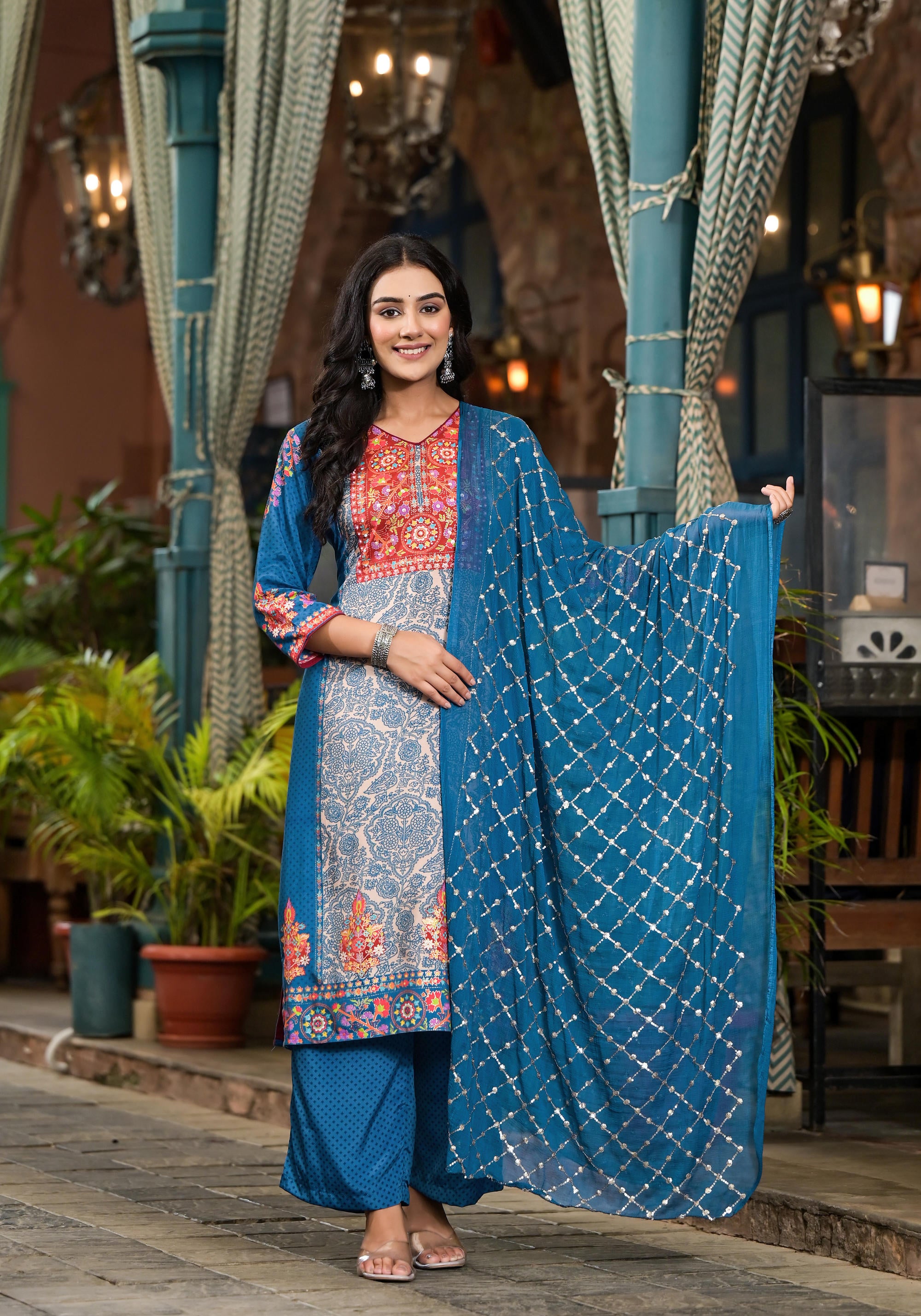 Blue Floral Printed Viscose Kurta Pant And Dupatta Set With Sequins