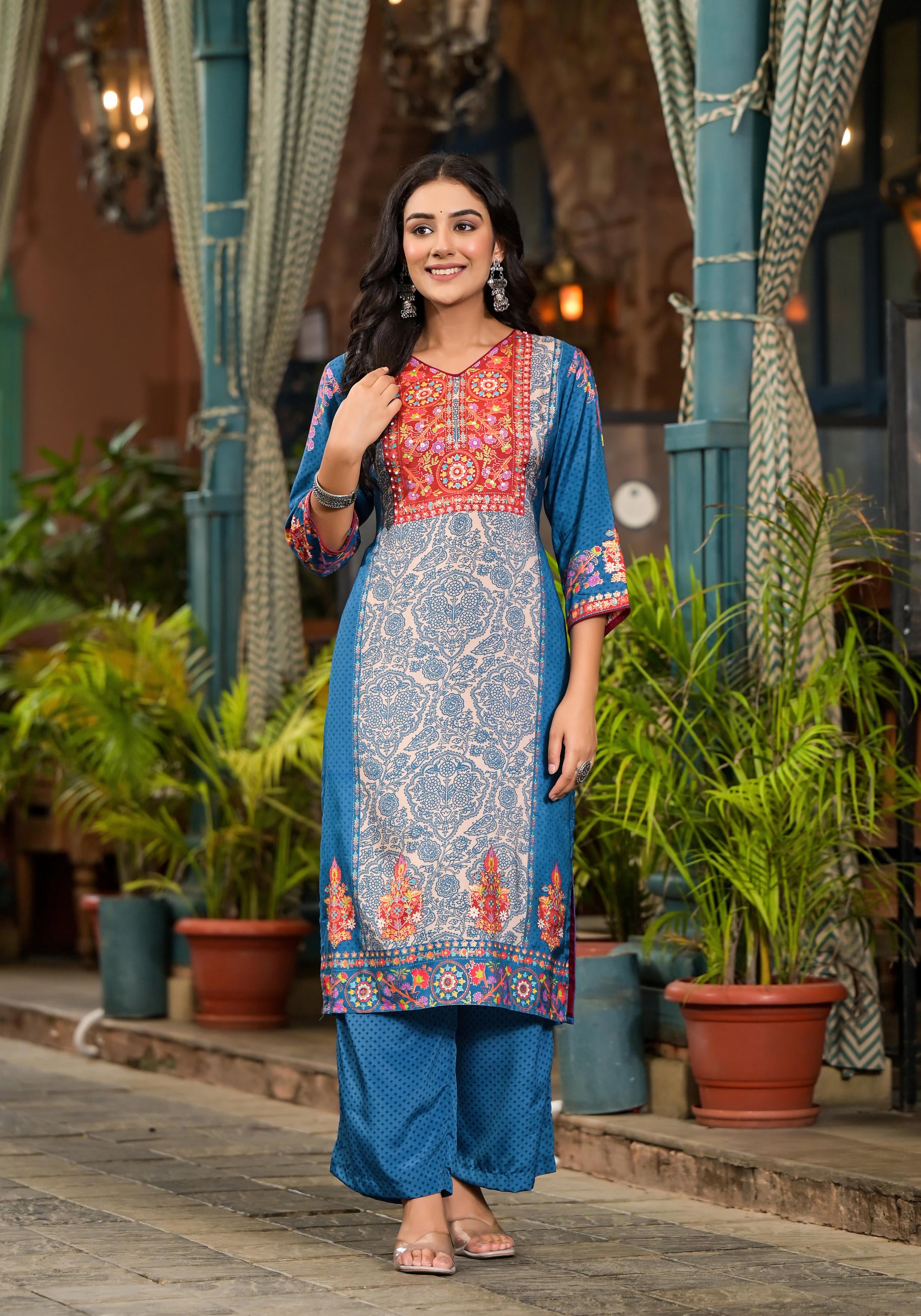 Blue Floral Printed Viscose Kurta Pant And Dupatta Set With Sequins