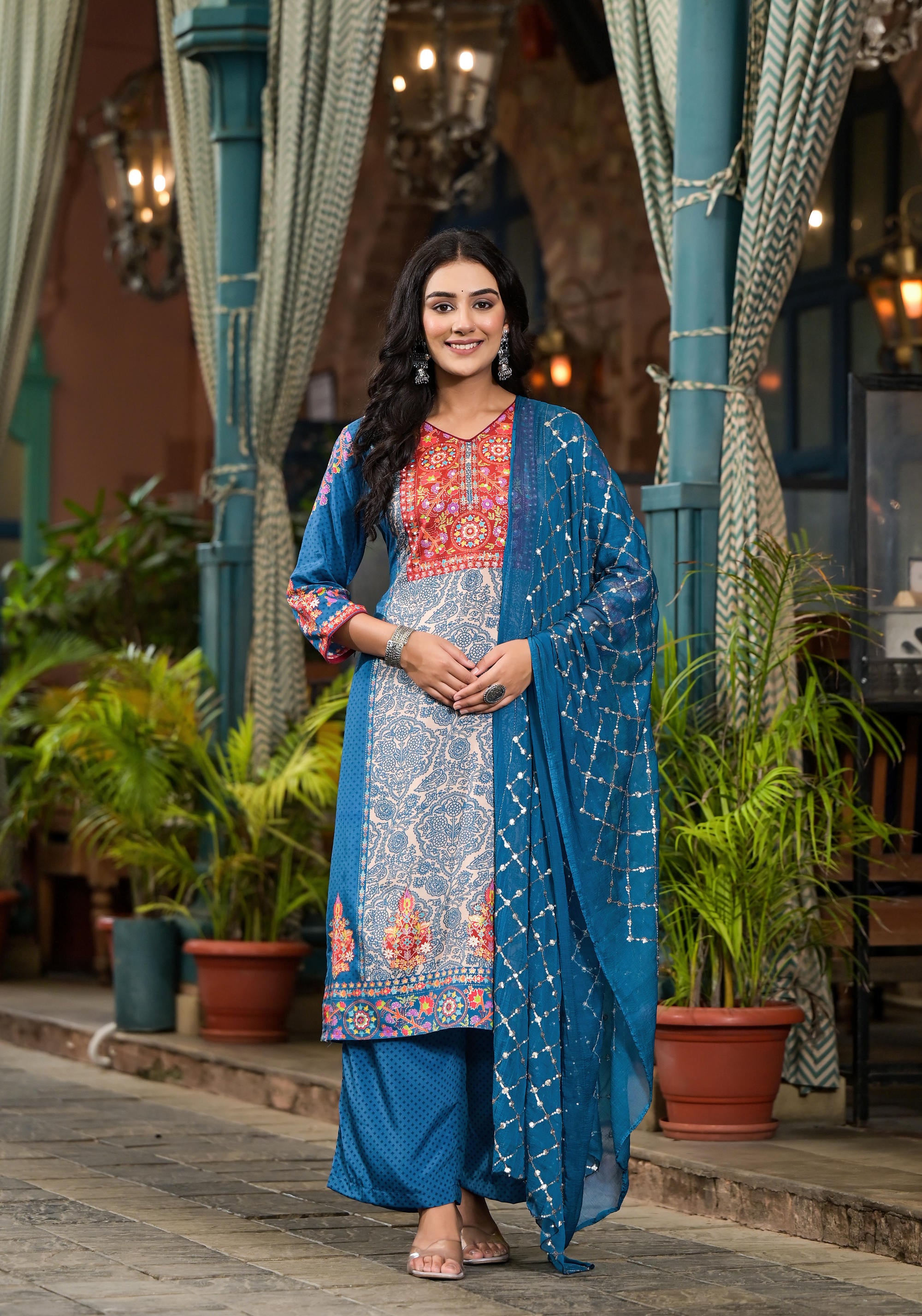 Blue Floral Printed Viscose Kurta Pant And Dupatta Set With Sequins