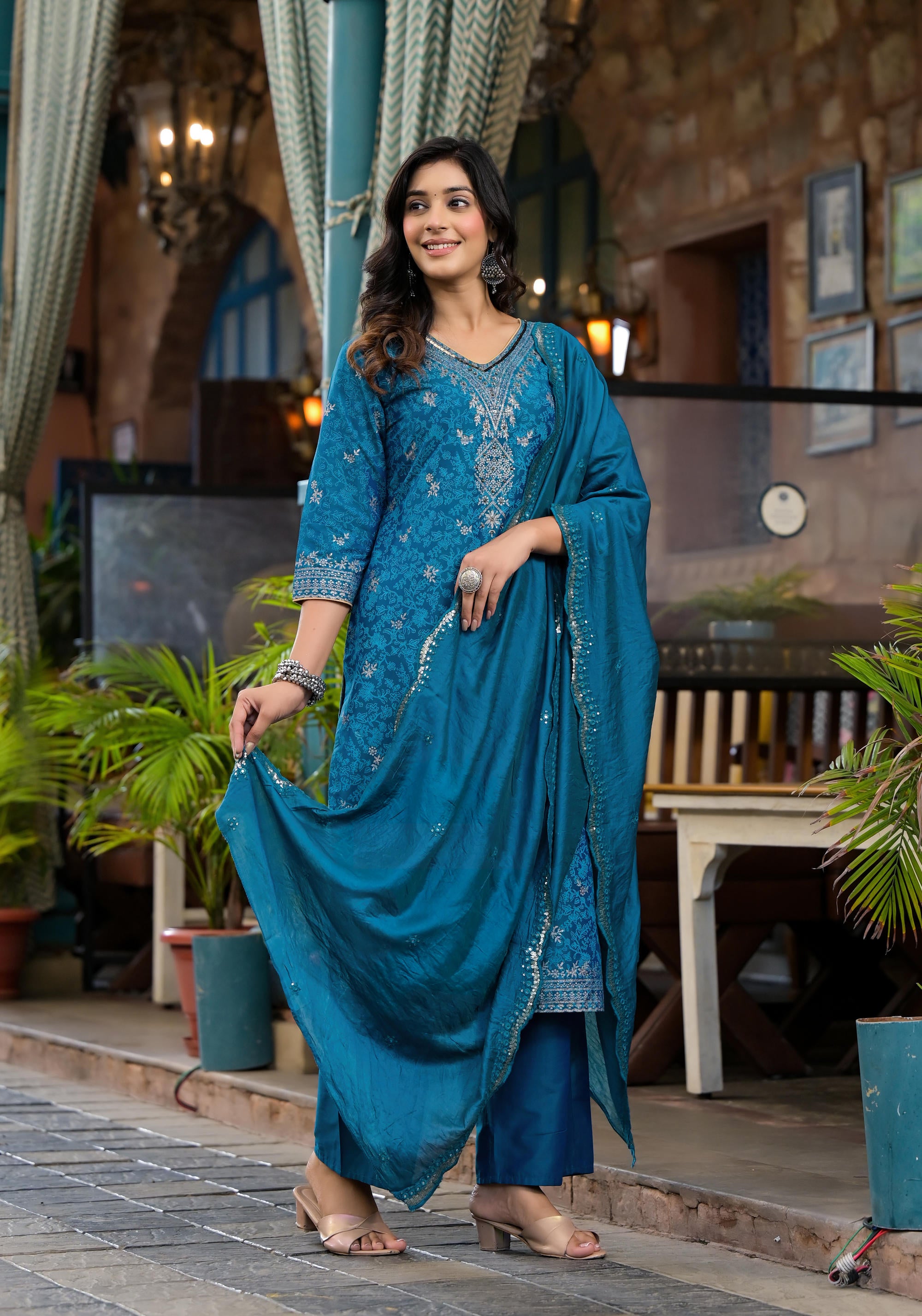 Blue Poly Staple Ethnic Motif Printed Kurta Pant And Dupatta Set With Sequins Mirror & Zari Work