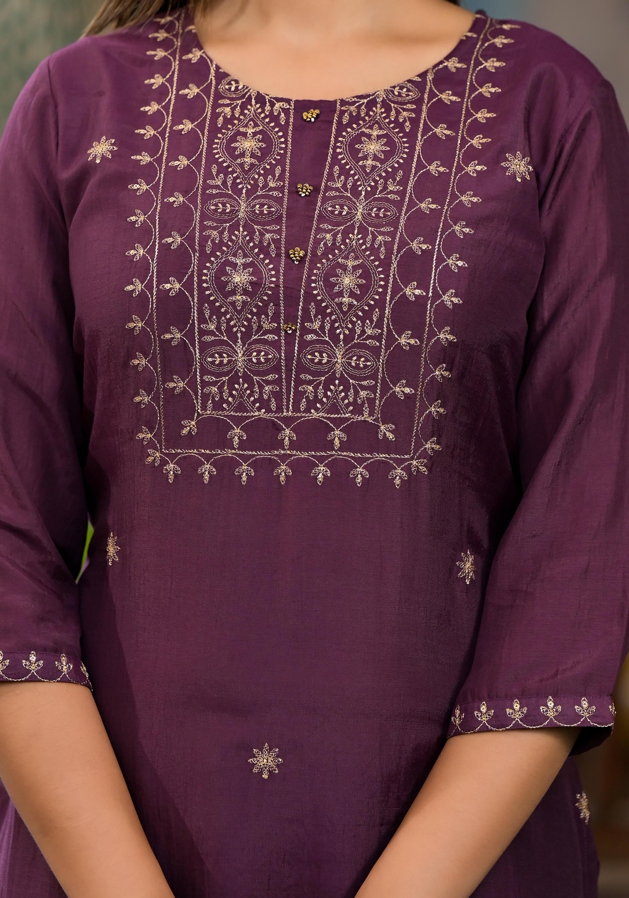 Burgundy Zari Embroidered Chinon Kurta Pant And Dupatta Set With Zari Work & Beads