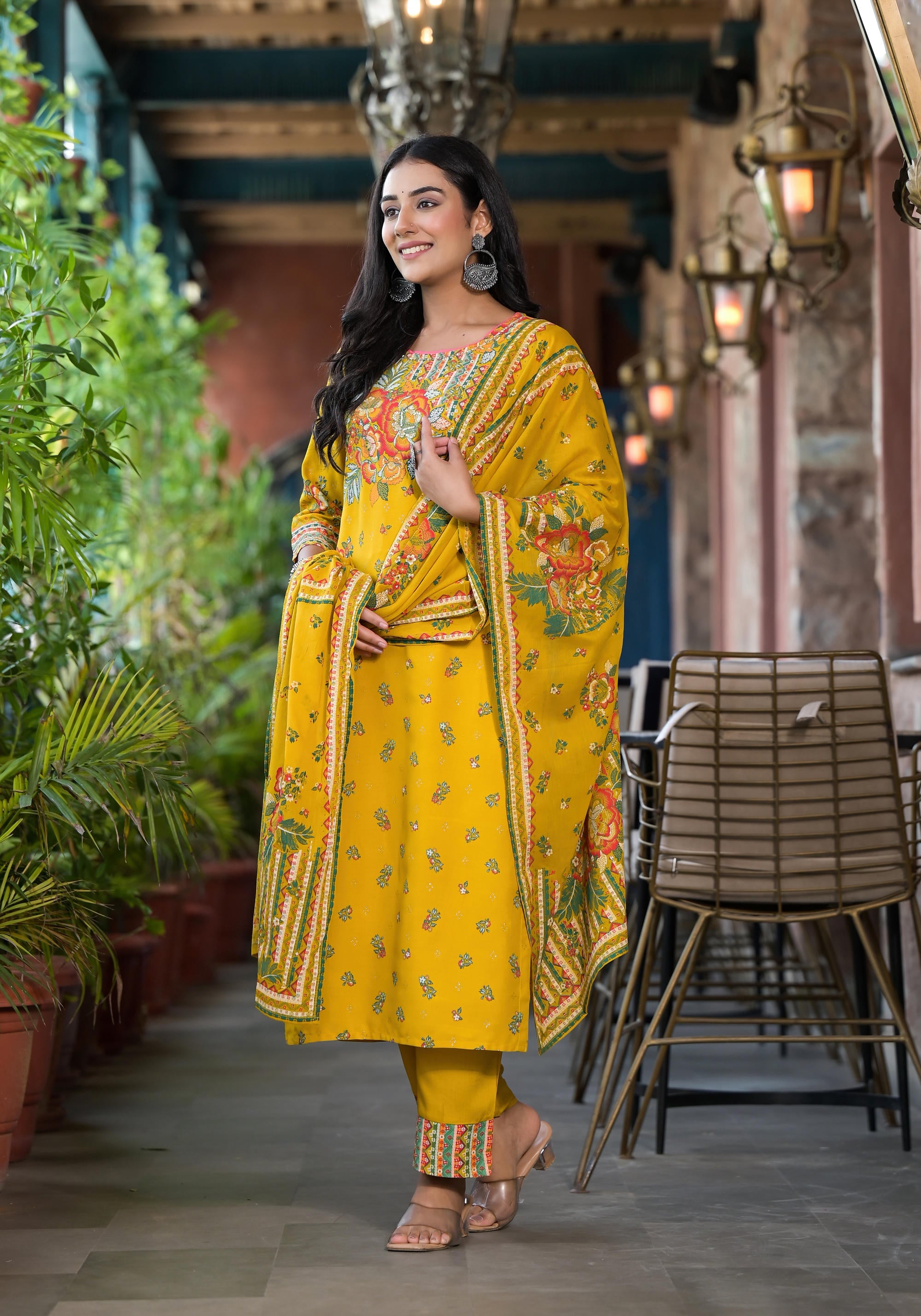 Mustard Floral Printed Liva Rayon Kurta Pant And Dupatta Set With Sequins
