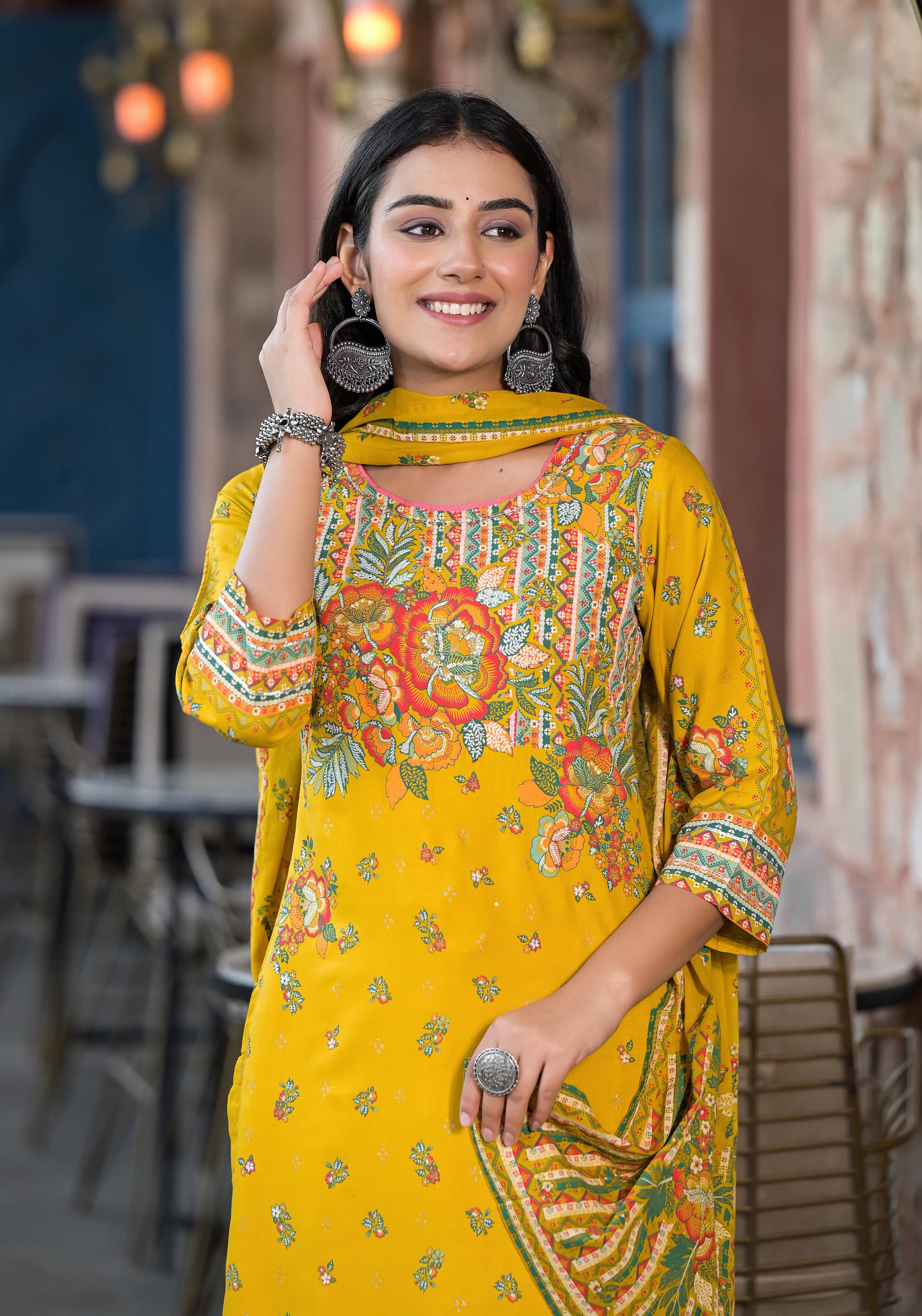 Mustard Floral Printed Liva Rayon Kurta Pant And Dupatta Set With Sequins