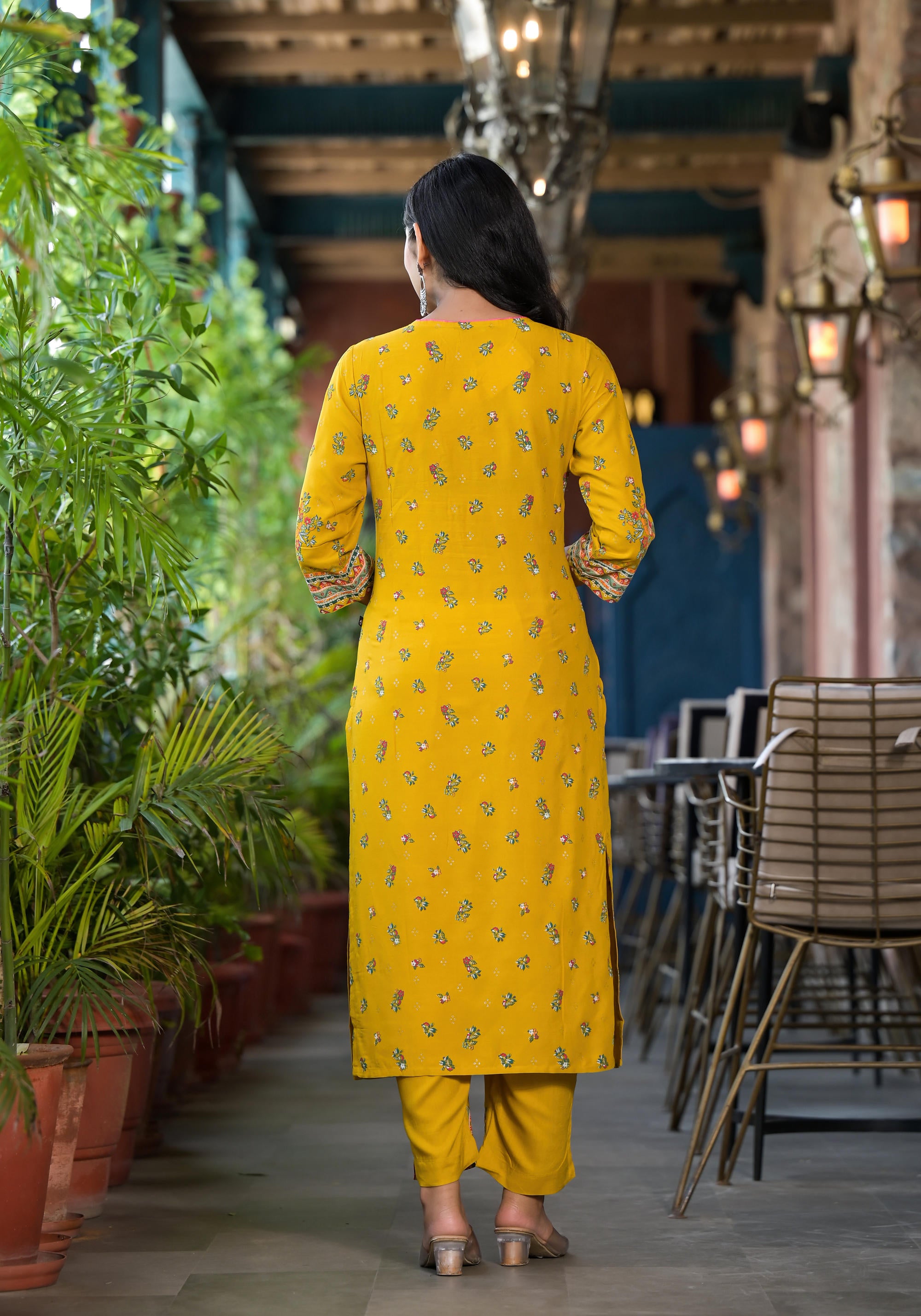 Mustard Floral Printed Liva Rayon Kurta Pant And Dupatta Set With Sequins