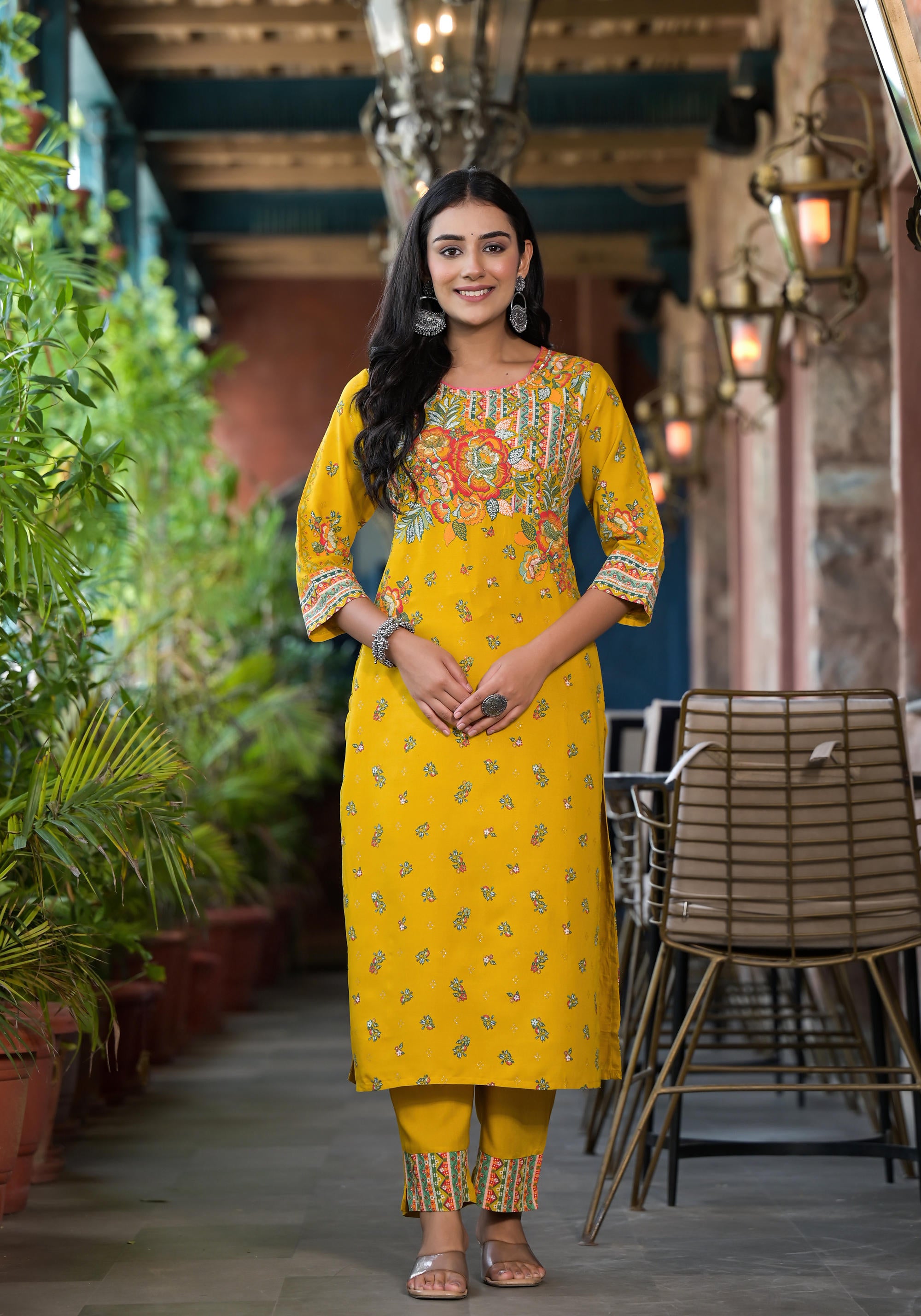 Mustard Floral Printed Liva Rayon Kurta Pant And Dupatta Set With Sequins