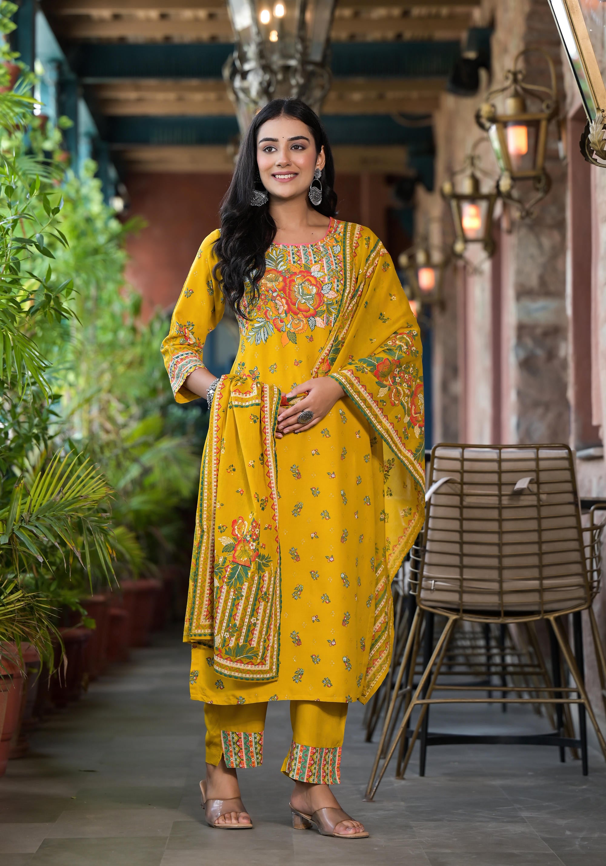 Mustard Floral Printed Liva Rayon Kurta Pant And Dupatta Set With Sequins