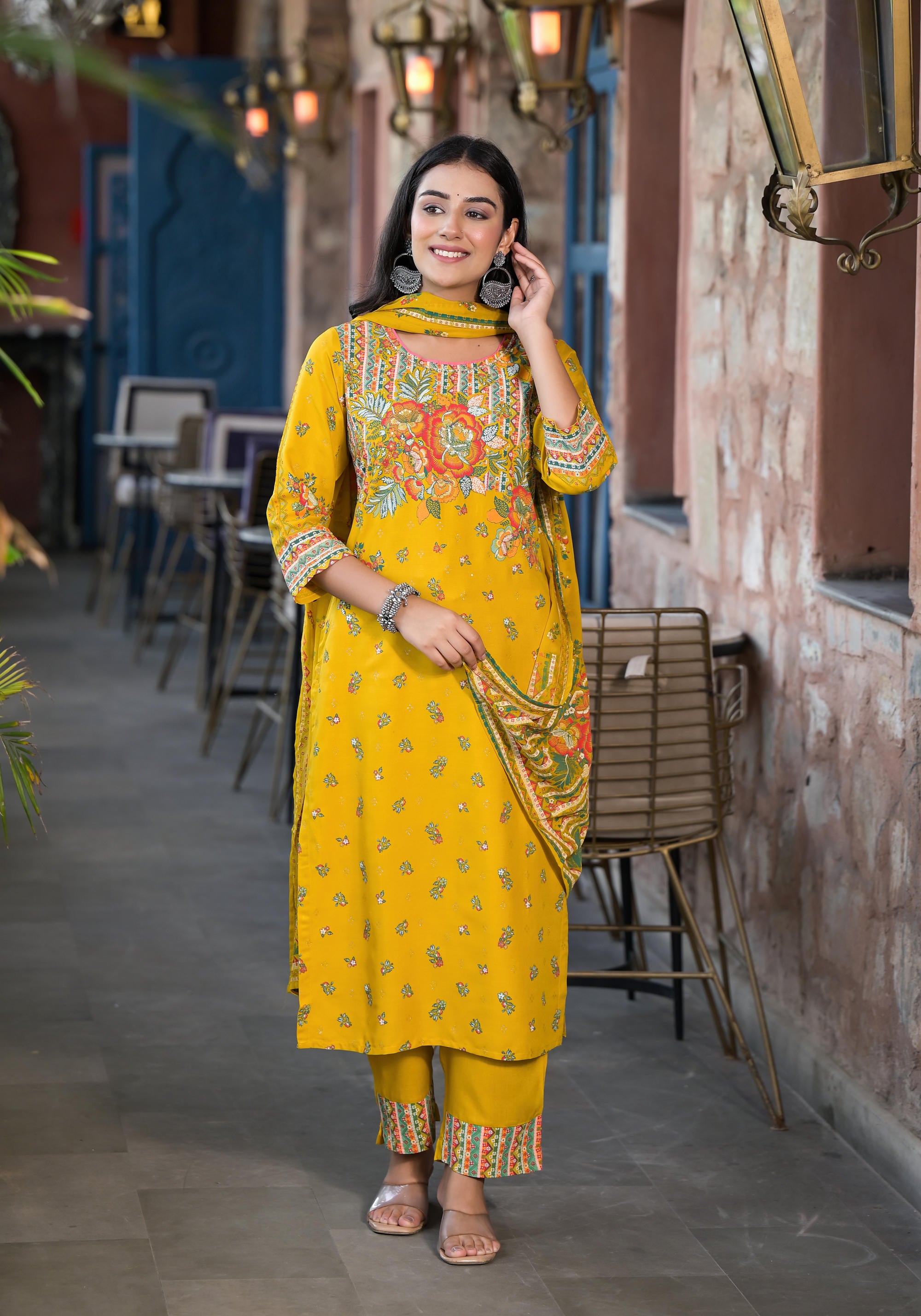 Mustard Floral Printed Liva Rayon Kurta Pant And Dupatta Set With Sequins