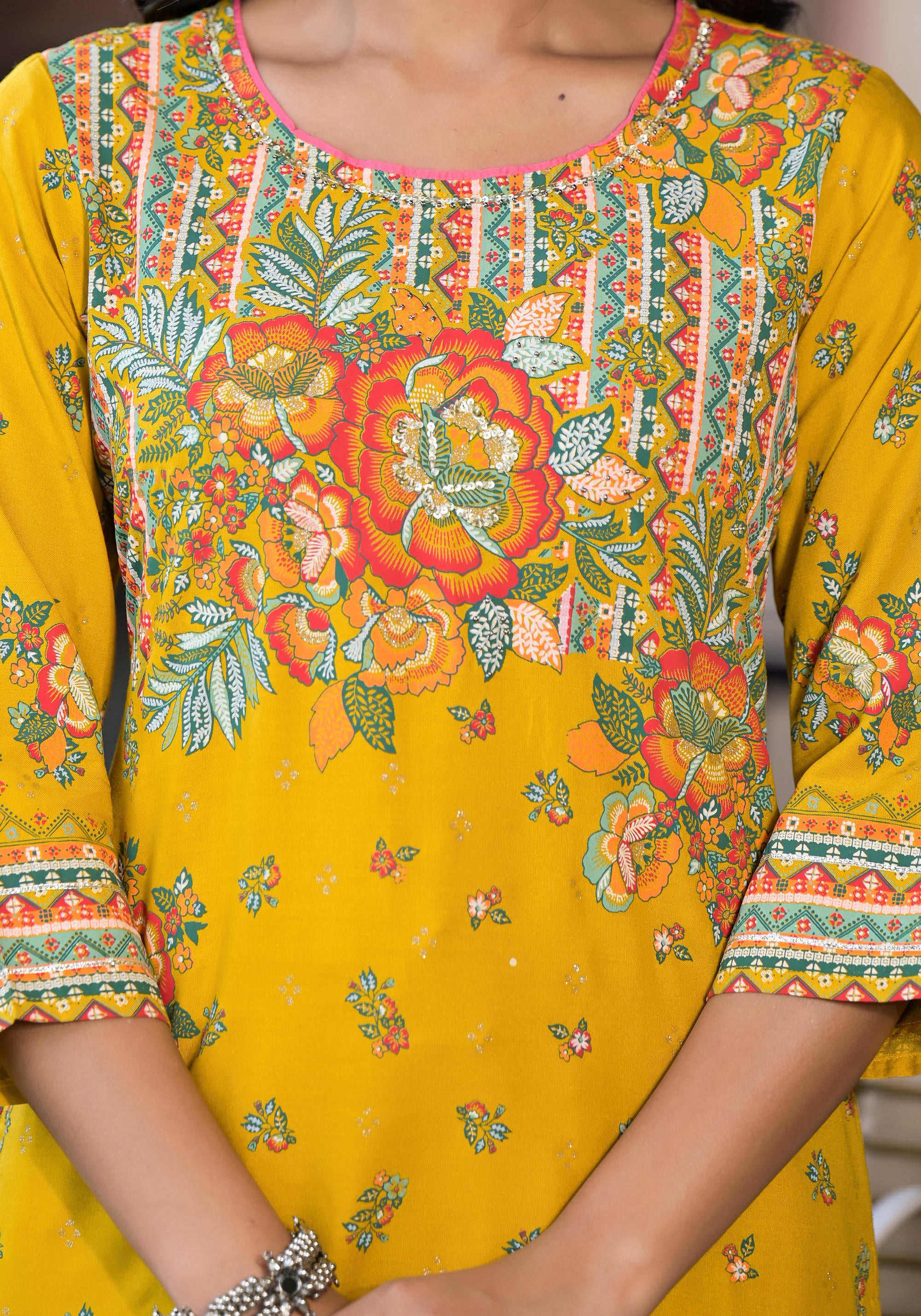 Mustard Floral Printed Liva Rayon Kurta Pant And Dupatta Set With Sequins