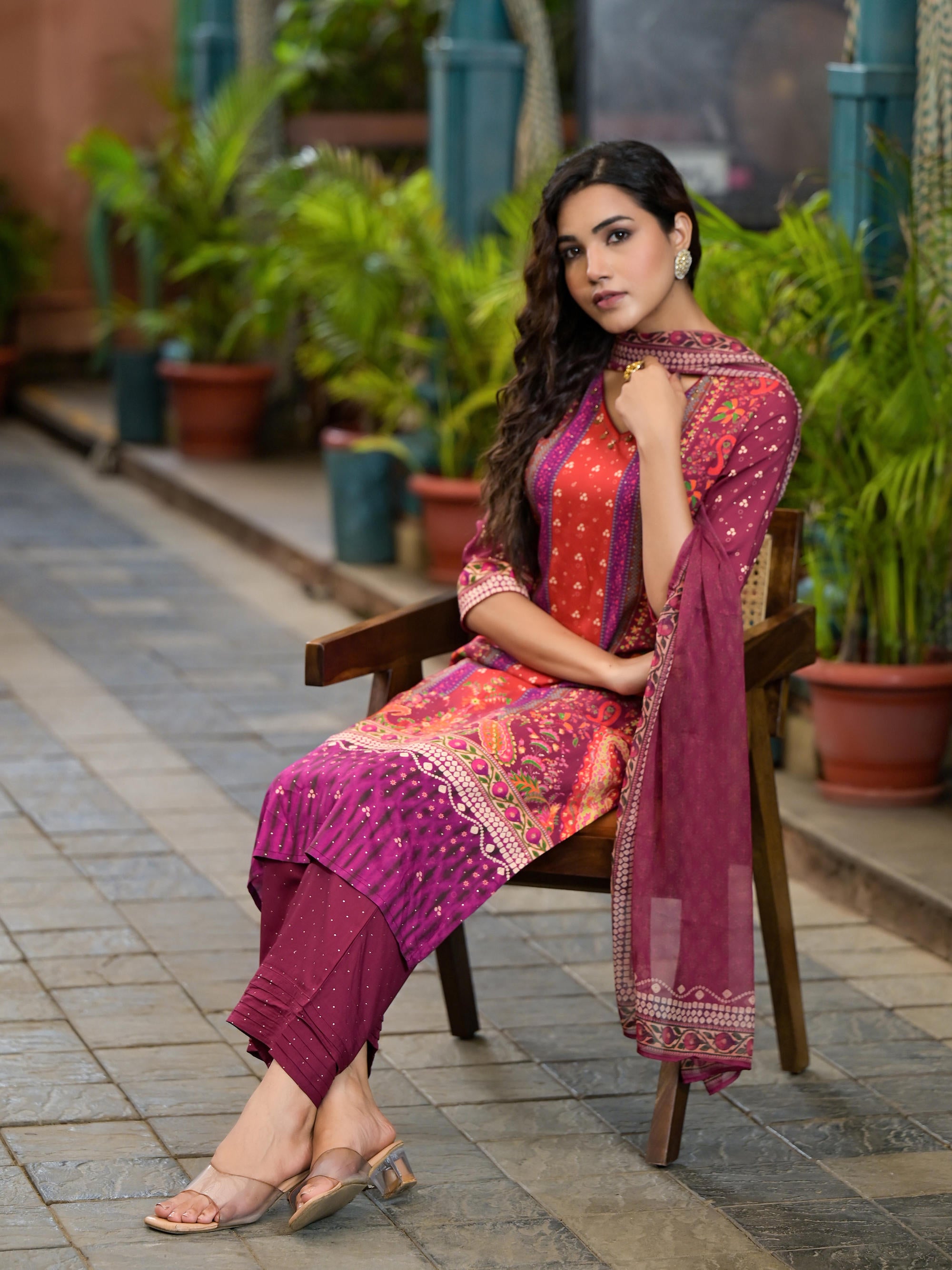 Plum Ethnic Motif Printed Liva Rayon Kurta Set With Coins