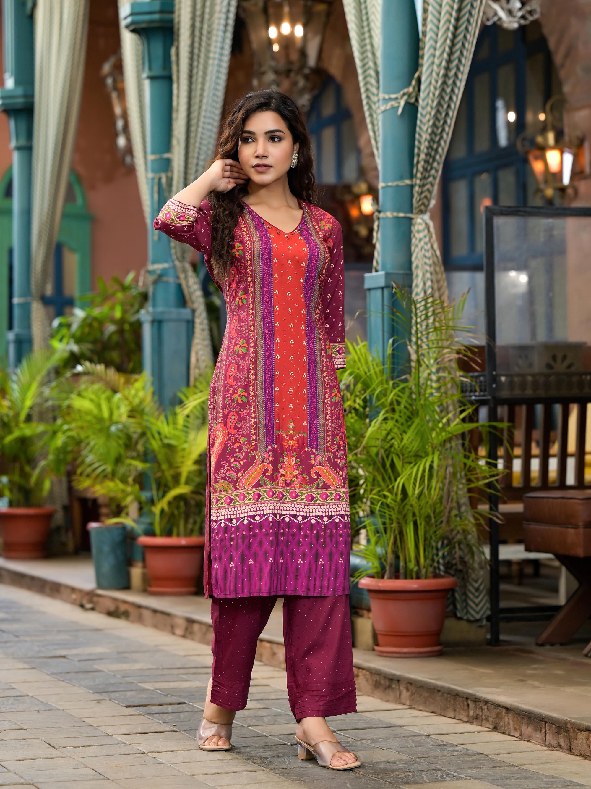 Plum Ethnic Motif Printed Liva Rayon Kurta Set With Coins