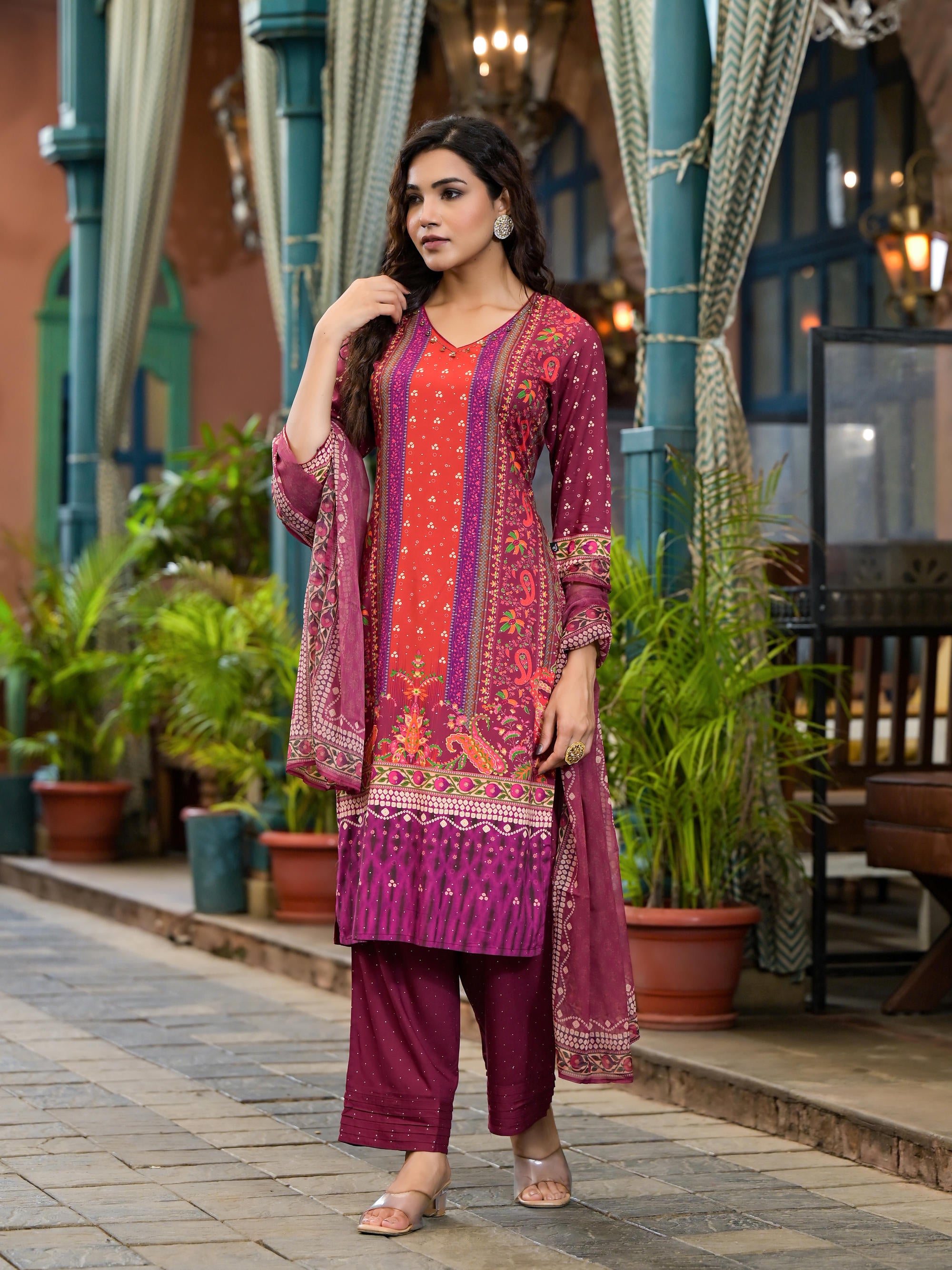 Plum Ethnic Motif Printed Liva Rayon Kurta Set With Coins