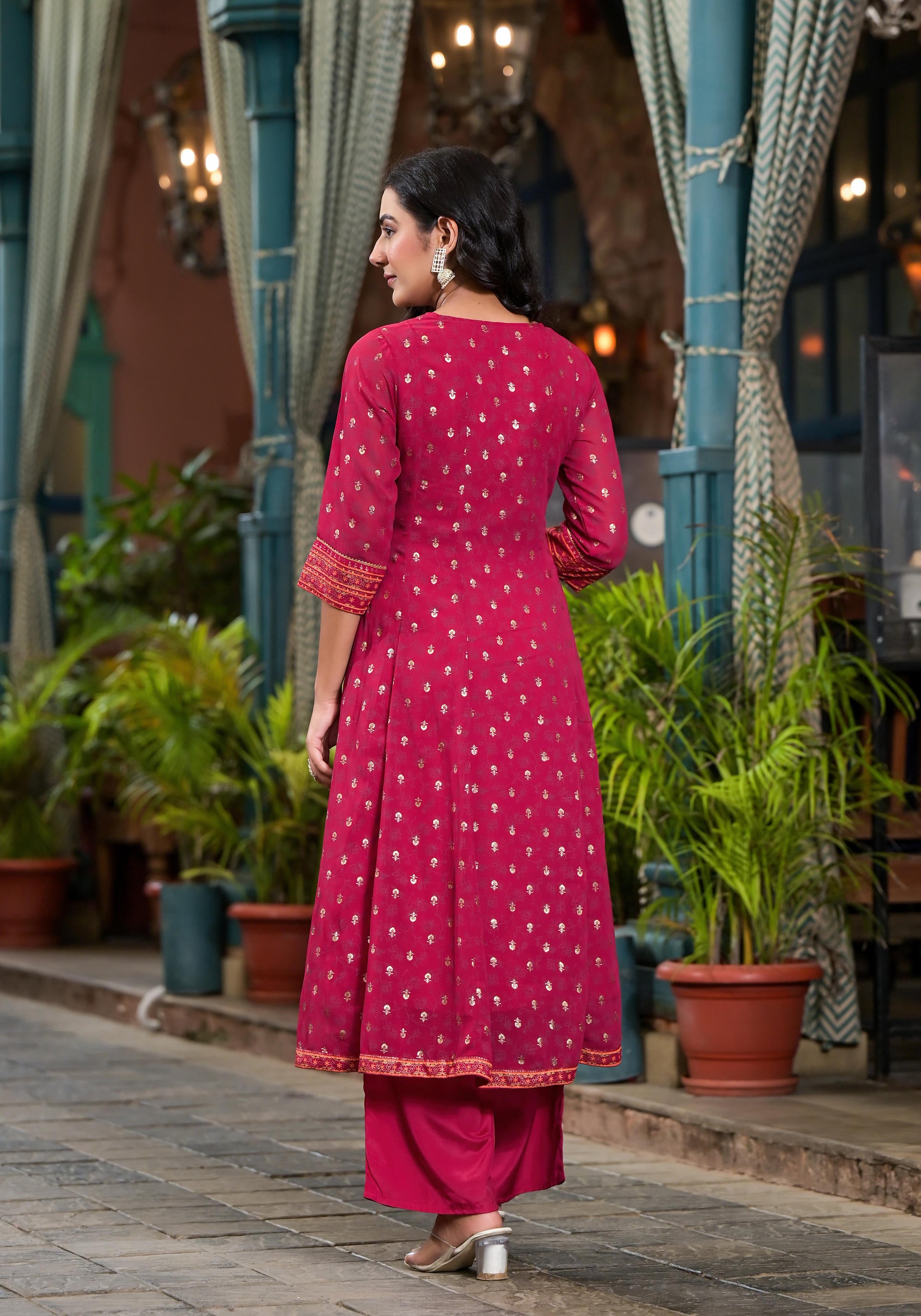 Fuchsia Floral Printed Georgette Kurta Pant And Dupatta Set With Zari Work & Sequins