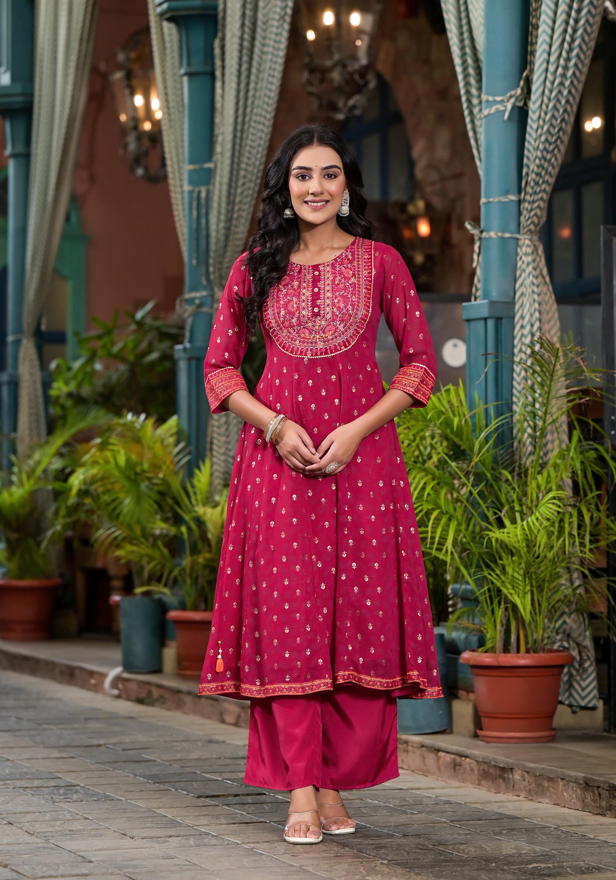 Fuchsia Floral Printed Georgette Kurta Pant And Dupatta Set With Zari Work & Sequins