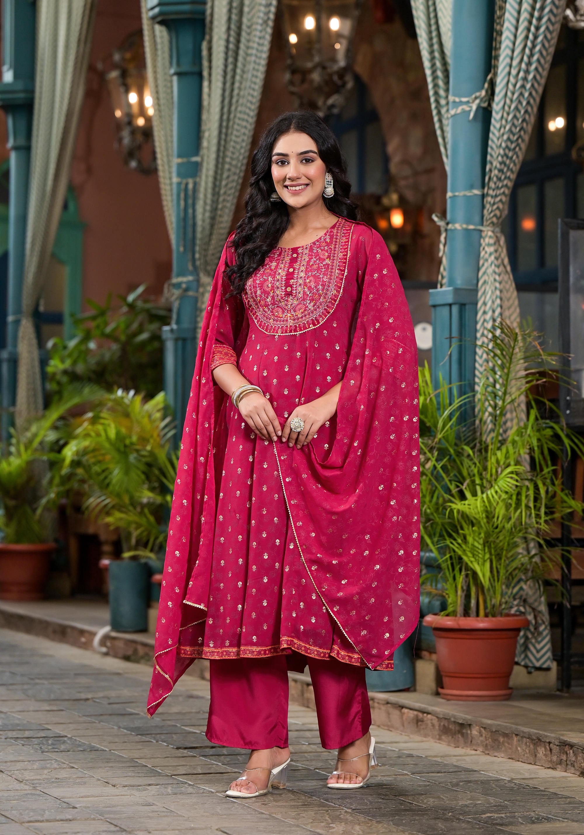 Fuchsia Floral Printed Georgette Kurta Pant And Dupatta Set With Zari Work & Sequins